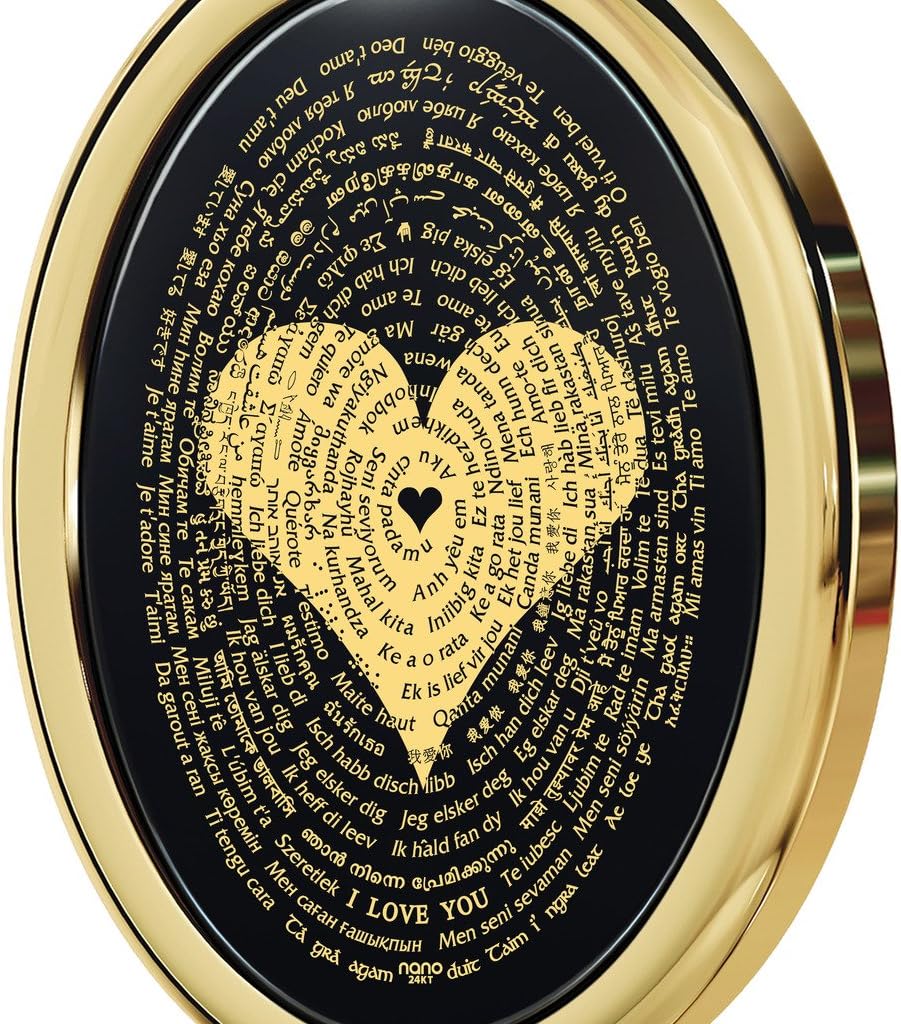 Gold Plated Silver Love Necklace I Love You in 120 Languages Anniversary Birthday Gift Pendant Inscribed in Pure Gold in Tiny Text, Romantic Onyx Gemstone for Her, 20" Figaro Chain