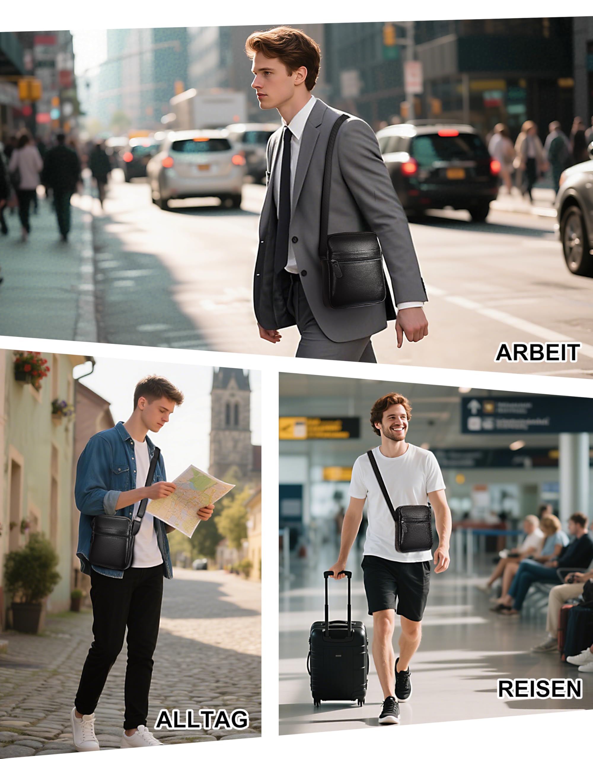 Leathario Herren Umhängetasche Leder，Schultertasche aus Echtem Leder，Herrentasche mit Großer Kapazität für Alltag Freizeit Arbeit