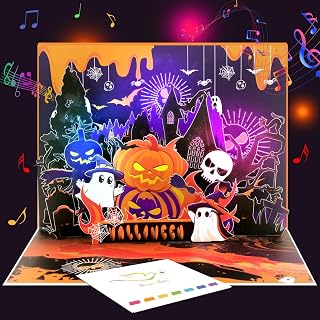 音楽付き ハロウィーン ポップアップカード ライト搭載 – 3Dお化け屋敷 ゴースト・カボチャ・コウモリ デザイン – 子供から大人まで楽しめる スプーキー ハロウィーン グリーティングカード – 封筒＆無地メッセージカード付き