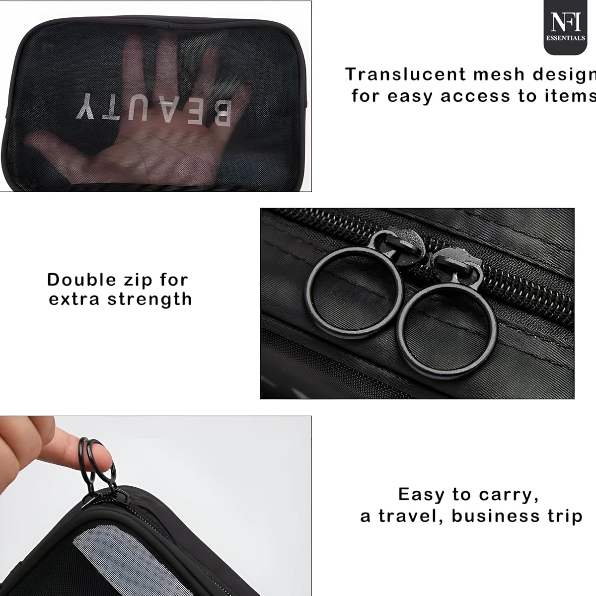 NFI essentials Mesh Makeup Pouch for Women Set of 3 Travel Toiletries Organizer