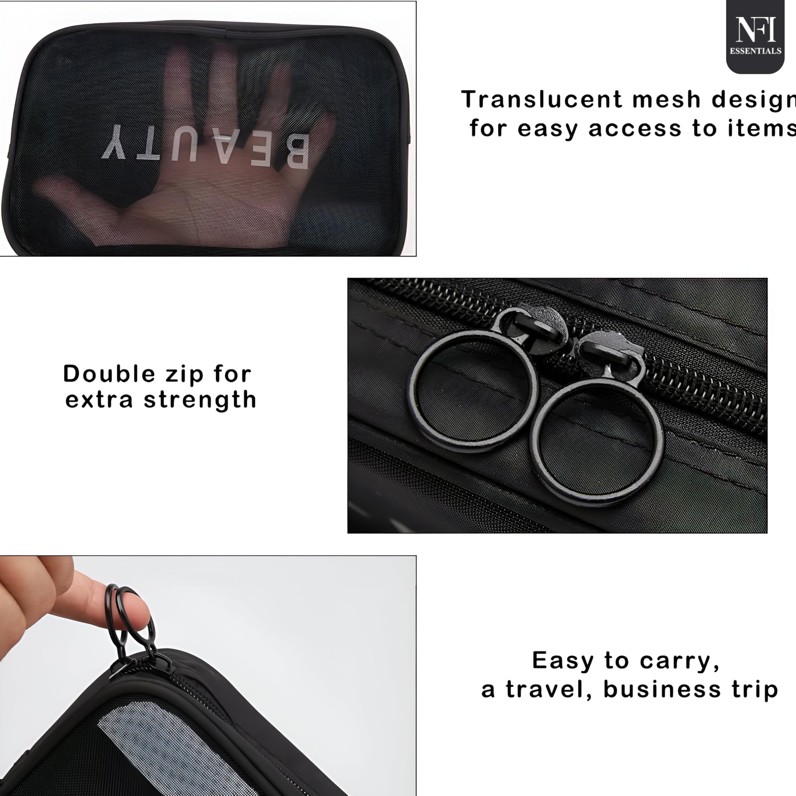 NFI essentials Mesh Makeup Pouch for Women Set of 3 Travel Toiletries Organizer Cosmetic Bags Portable Organizer Case Carry Pouch for Women Zipper Toiletry Pouch Pack 3