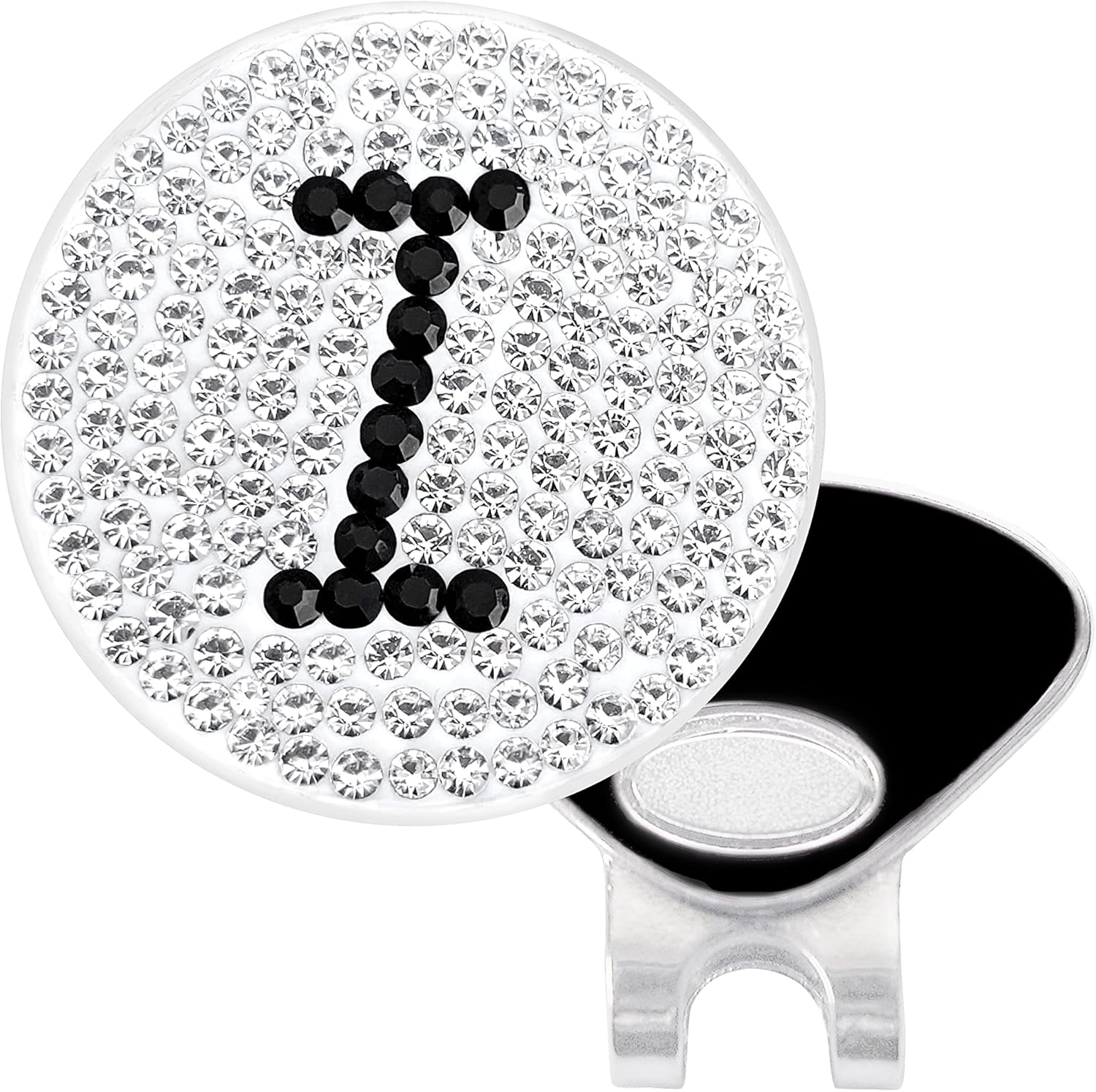 NAVIKA Initial Letter Monogram Micro Pave Crystal Golf Ball Marker Includes a Magnetic Hat Clip - Clear & Black