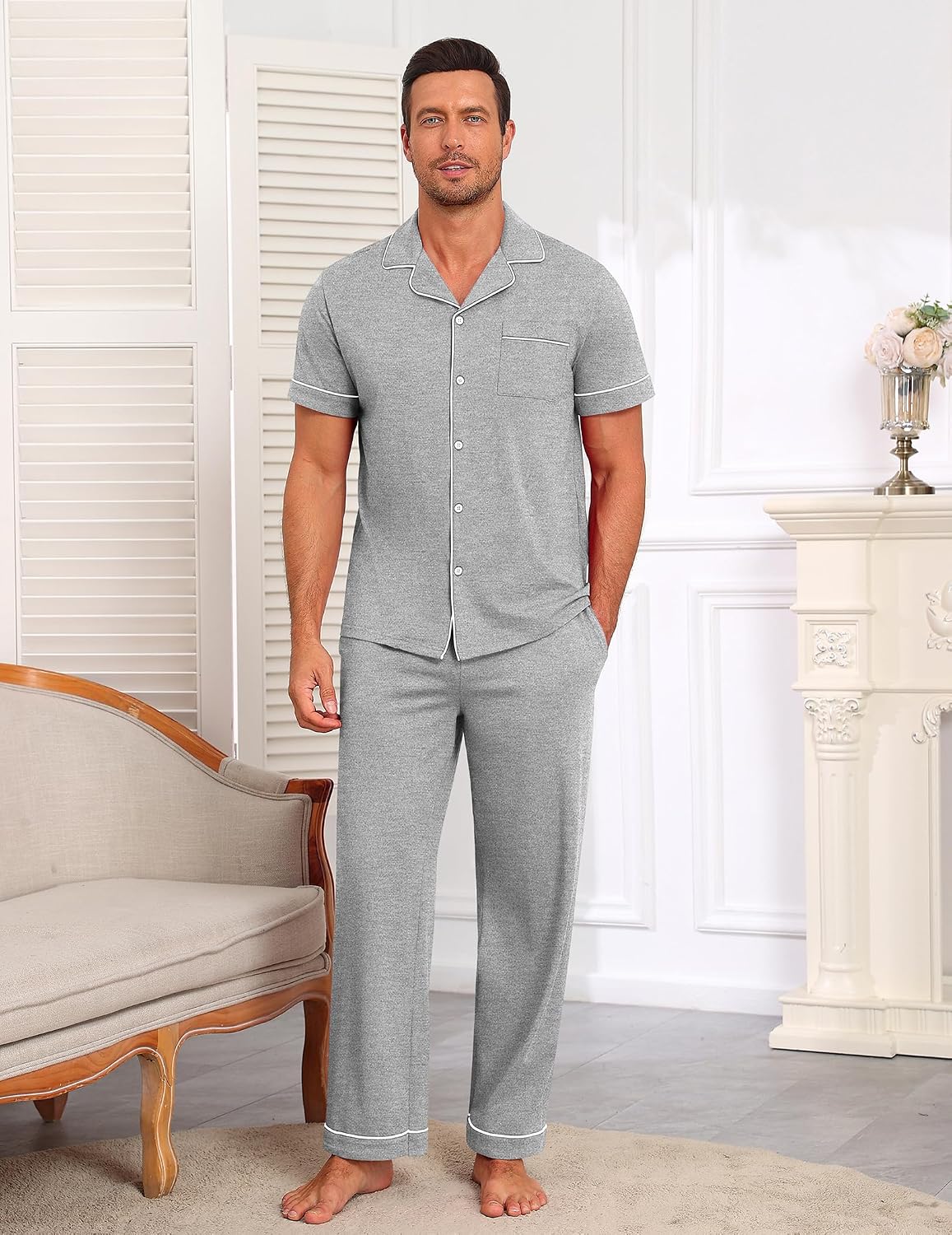 Ekouaer Men's Short Sleeve Pajama Set Soft Cotton Sleepwear Button Down Top and Long Pants Loungewear PJs Set with Pockets