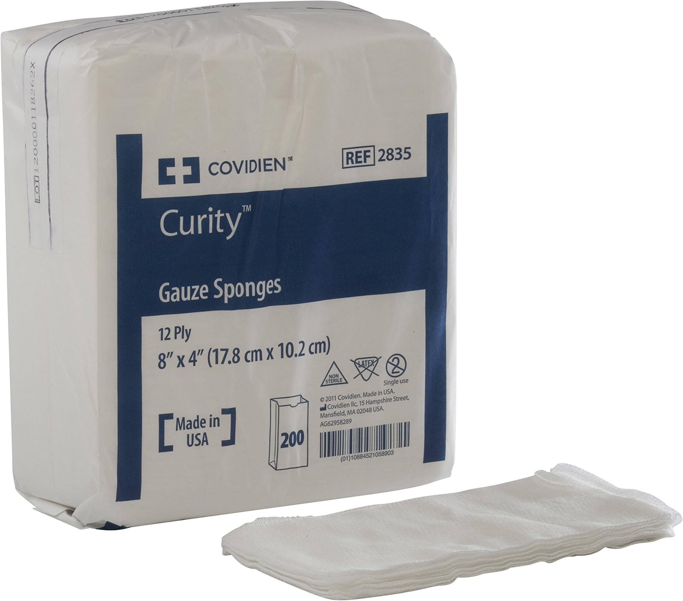 Covidien 2835 Curity Gauze Sponge, Non-Sterile, 12-ply, 4" x 8" Size, Pack of 200
