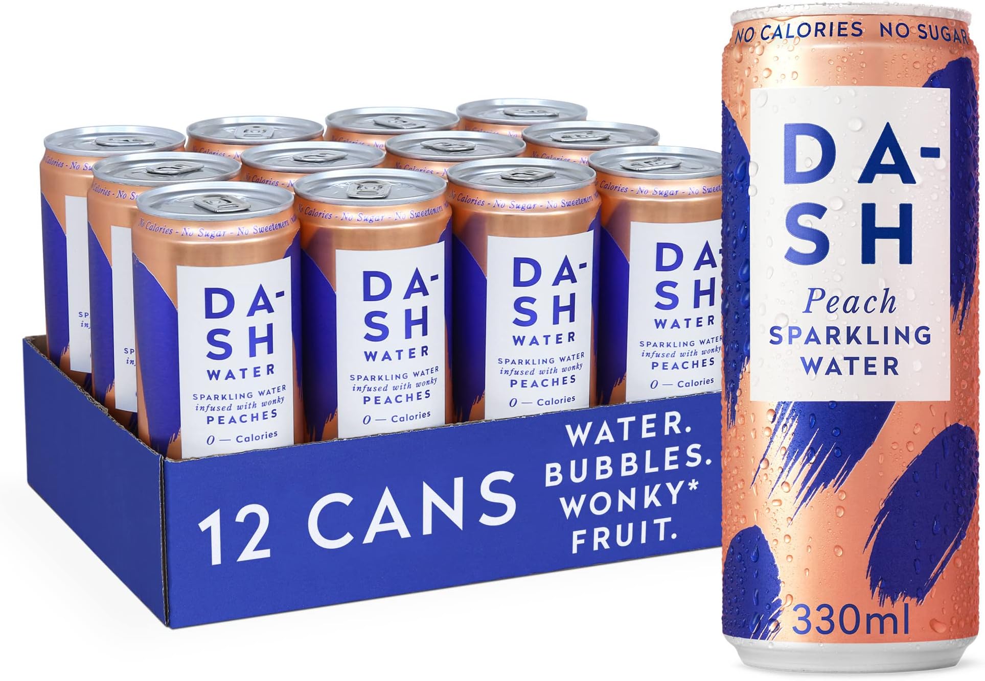 DASH Water Peach - 12 x Peach Flavoured Sparkling Spring Water - NO Sugar, NO Sweetener, NO Calories - Infused with Wonky Fruit (12 x 330ml cans)
