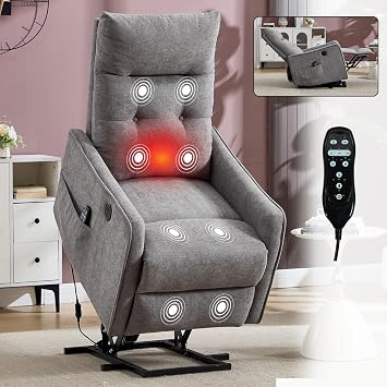 Small Power Recliner Chair with Massage and Heat, Fabric Power Lift Chair Recliner for Elderly, | USB | High Back | Push Button | Side Pockets, Easy to Assemble Chenille, Light Grey