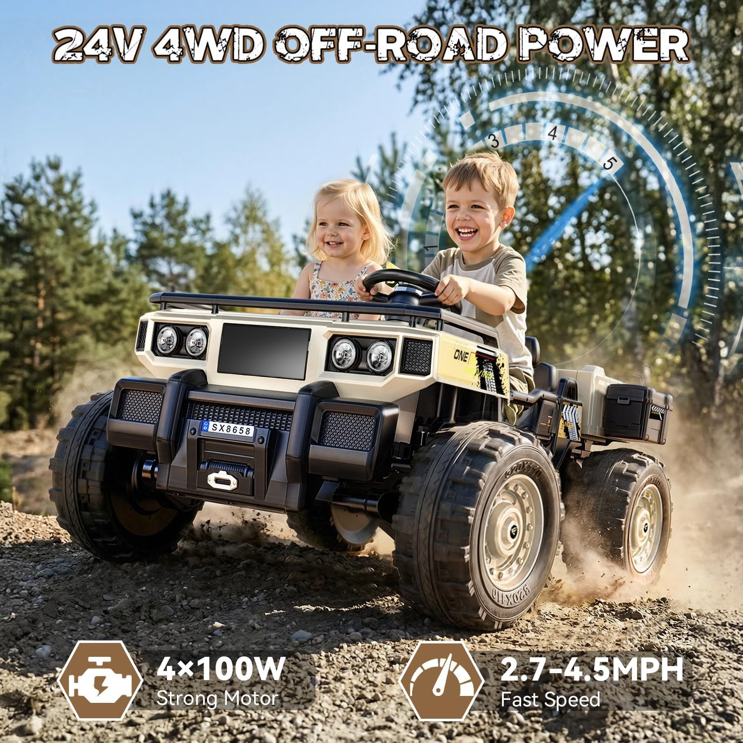 ARBELI 24V 2-Seater Ride On Dump Truck w/Electric Dump Bed, 4X100W Powerful Motors, up to 4.5Mph, 20" Spacious Seat, Remote Control, Shovel, Toolbox, Ride on Toy for Boys Ages 3-8, Khaki