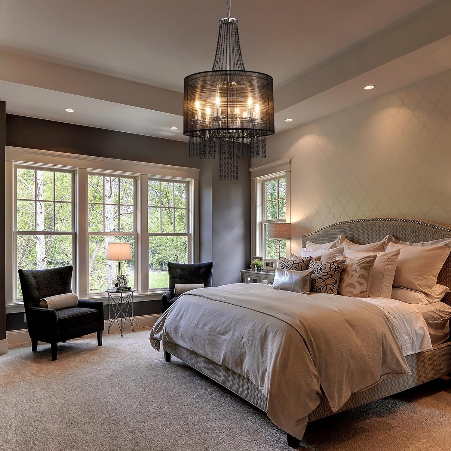 Wellmet Chrome Farmhouse Chandeliers for Dining Room, 6-Light Drum Vintage Gothic-Style Chandelier Lighting with Black Metal Chain Tassels for Living Room, Bedroom, Kitchen, Entryway, Foyer, Hallway