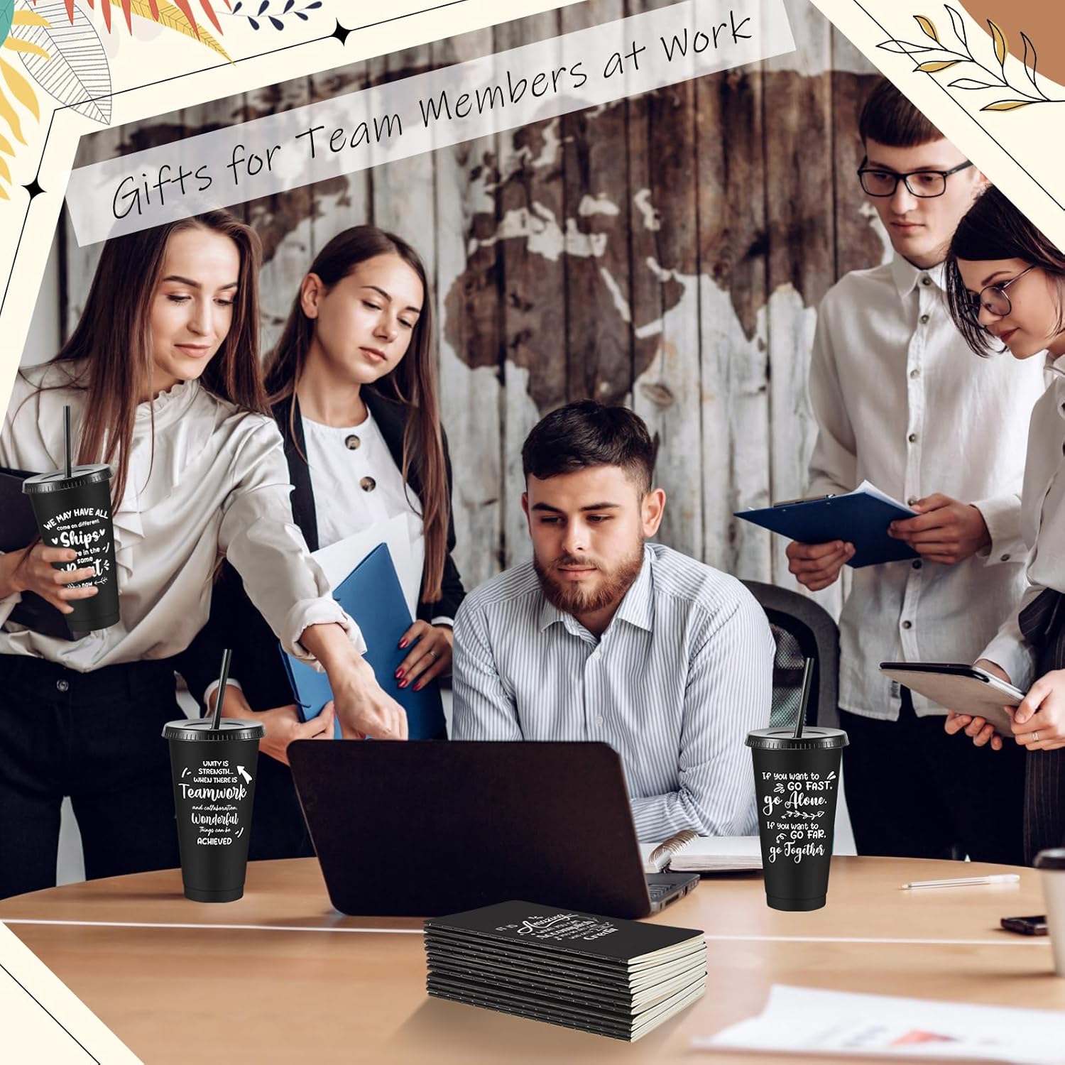 24 Sets / 96 Pcs Team Appreciation Gifts for Employee, 24 oz Inspirational Plastic Cups Bulk with Lid and Straw Notebooks Ballpoint Pens Keychain Set, Bulk Gifts for Coworkers (Black)