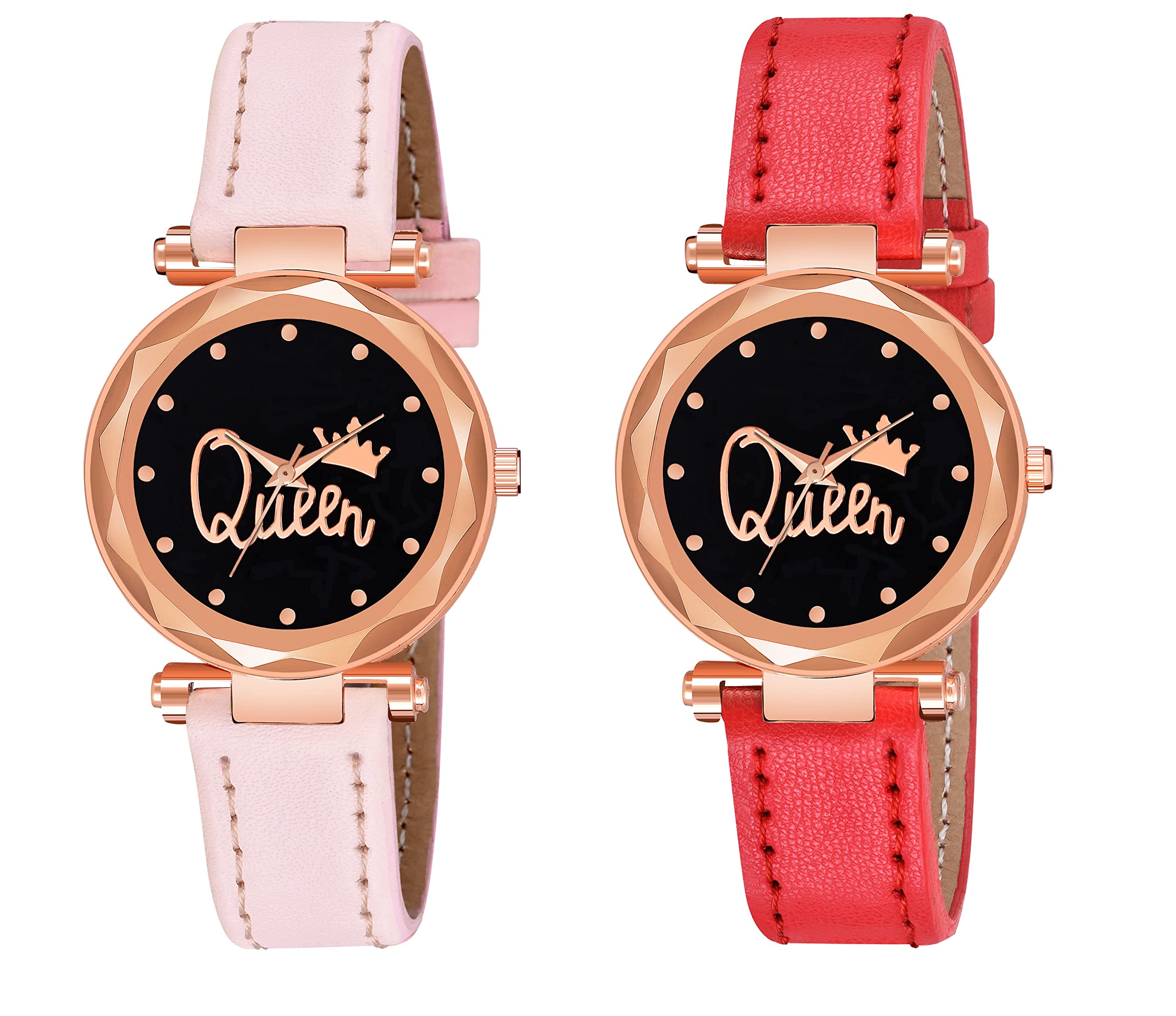 KIROH Analogue Queen Dial Pack of 2 Combo Leather Strap Watch for Girls and Womens (Sky Blue-Peach) (Pink-Red) (B0B4DQXBDL) Amazon Price History, Amazon Price Tracker