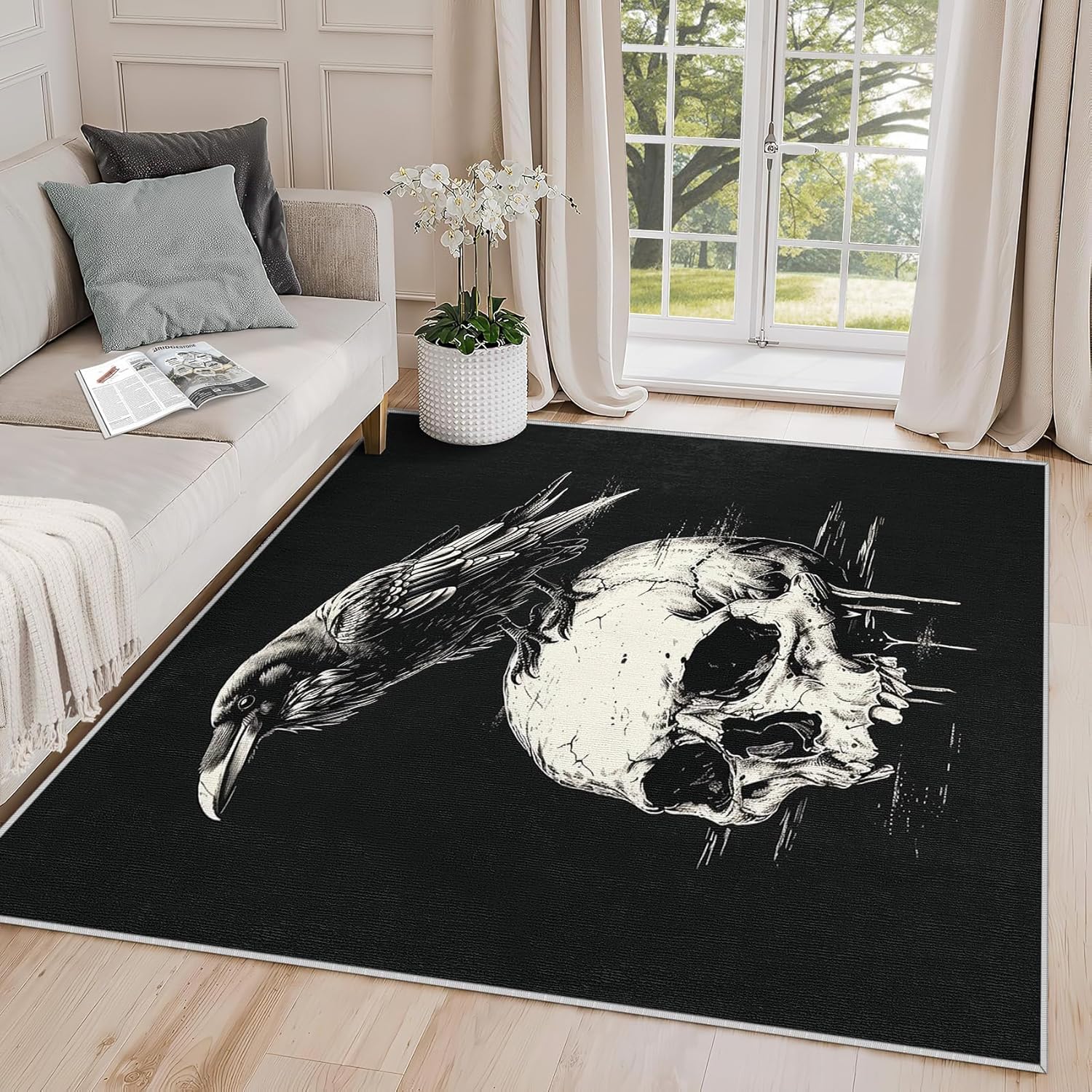 Gothic Rug 4x6 - Gothic Rug, 4x5 Rug, Goth Skull Cow Area Rug, Scary Skeleton Raven Carpet, Washable & Non Slip & Soft Large Rugs, Gothic Home Decor Gifts