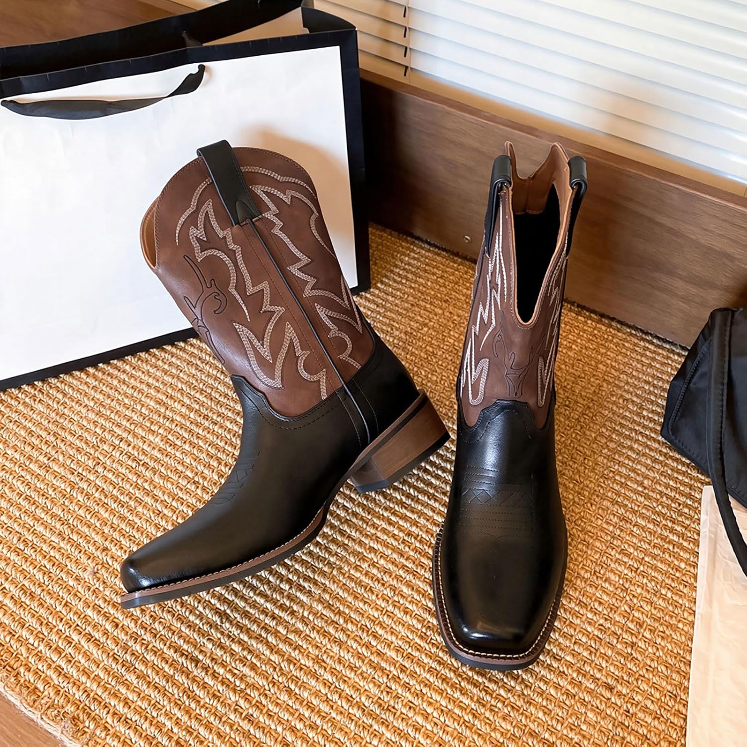 Men's Western Cowboy Boots, Square Toe Mid Calf Work Boots, Polyurethane Embroidered Pull-On, US Standard Size, For Weddings Casual Work, Office Workers Young Men Laborers