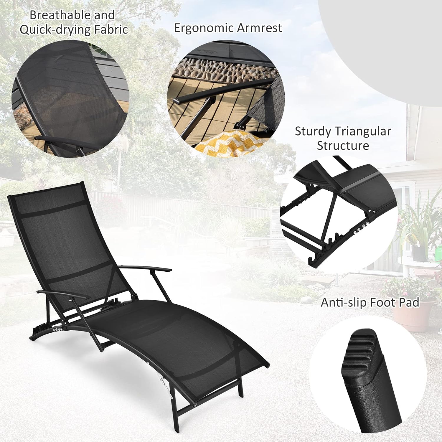 Giantex Set of 2 Patio Chaise Lounge Chairs with 5-Level Adjustable Backrest, Armrests, Fast-Drying Fabric, Foldable and Stackable Lounger for Poolside, Backyard Outdoor Chaise Recliner, Black