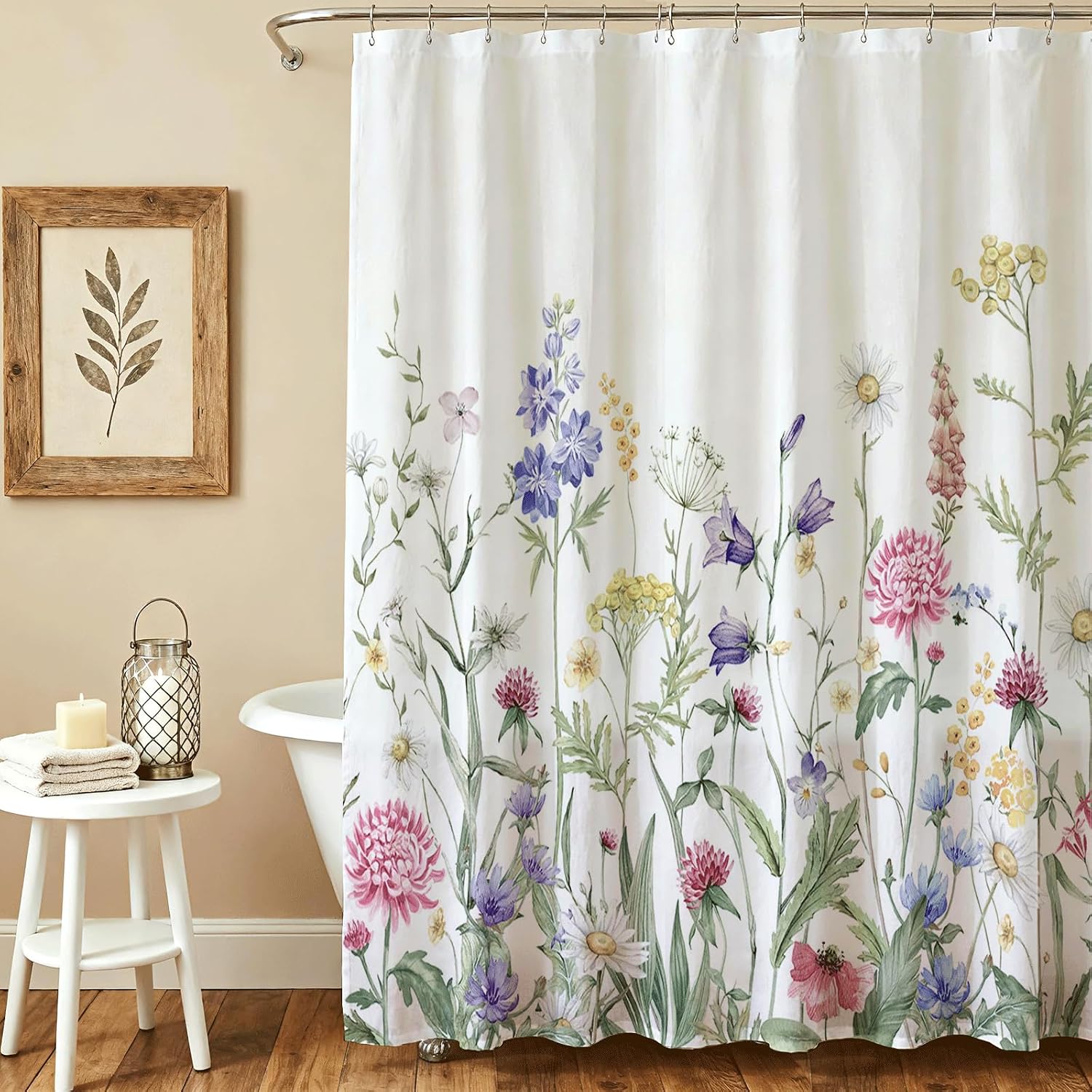 Lindameler Floral Shower Curtain for Bathroom Farmhouse Rustic Vintage Wildflower Shower Curtain Waterproof Fabric Bath Curtain for Boho Floral Bathroom Decor (White, 72" W x 72" L (Pack of 1))