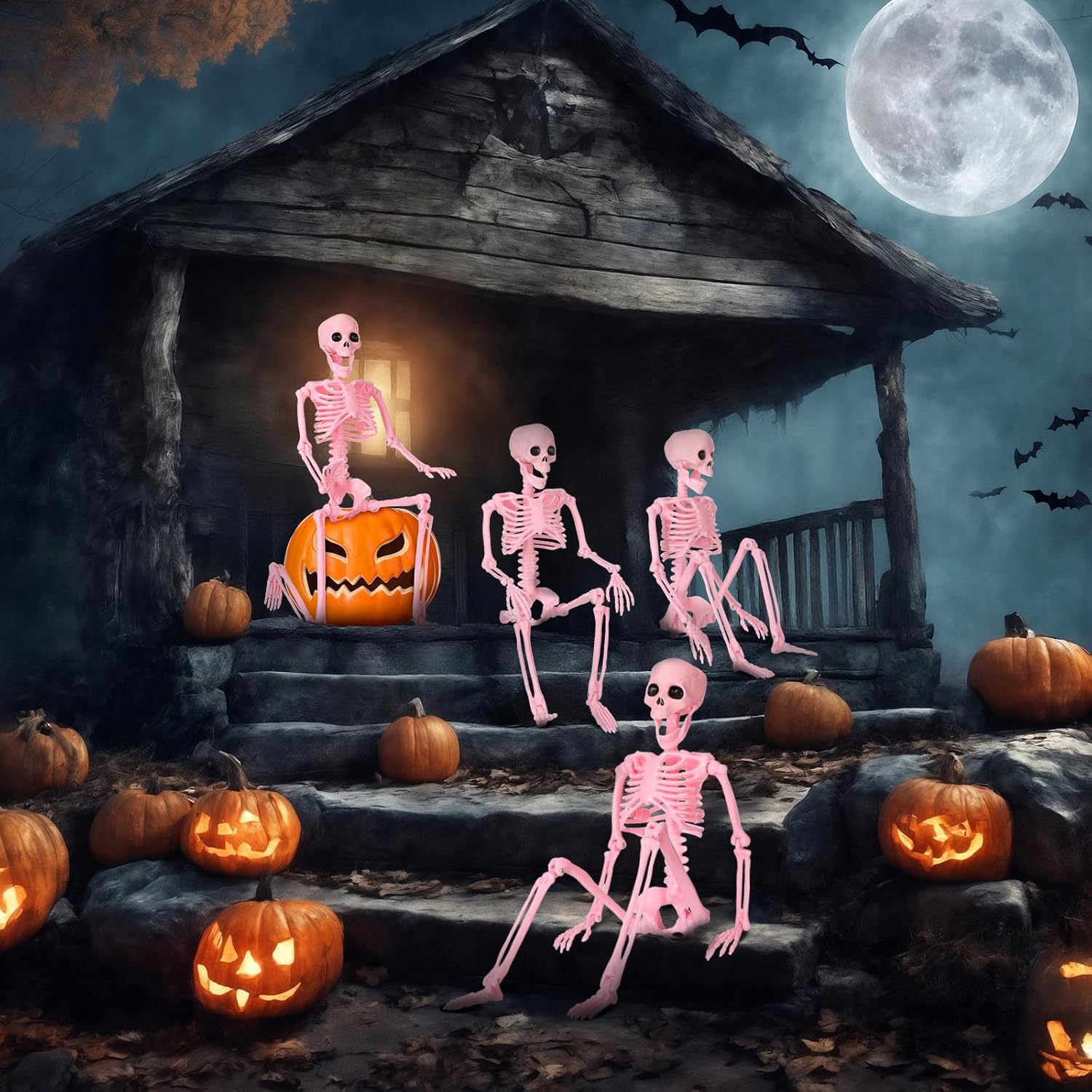 Geelin 6 Pack Halloween Hanging Skeleton Decoration 16” Posable Pink Plastic Skeleton with Movable Joints Small Spooky Scary Hanging Skeletons for Yard Garden Lawn Haunted House and Graveyard Props