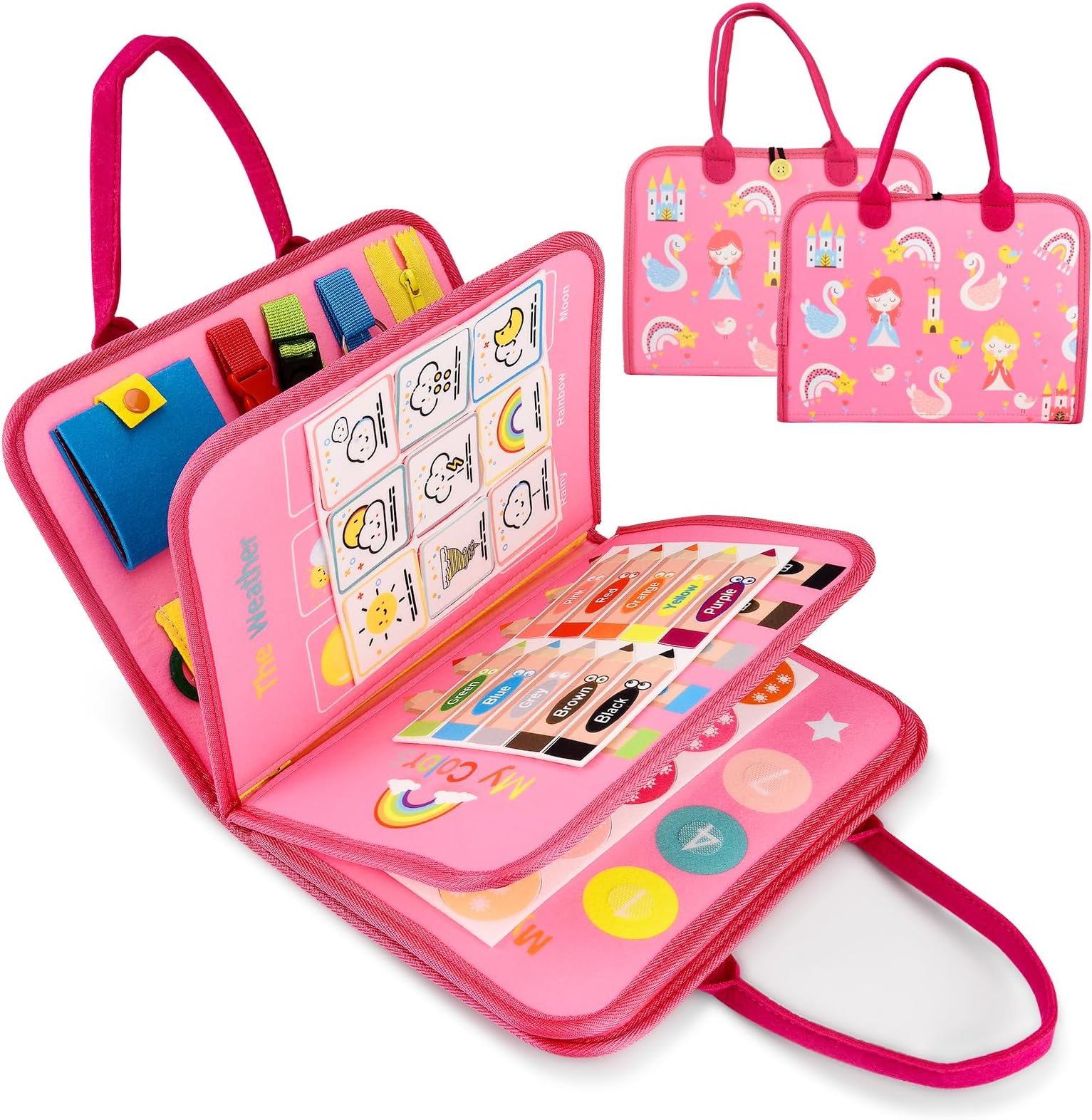 Montessori Toys for 1 Year Old,Busy Board for Toddlers,5 Layers Activity Board Busy Board,Montessori Toy Gifts,Portable Travel Toys for Girls Mermaids Gifts Pink,Sensory Activities Educational Toys