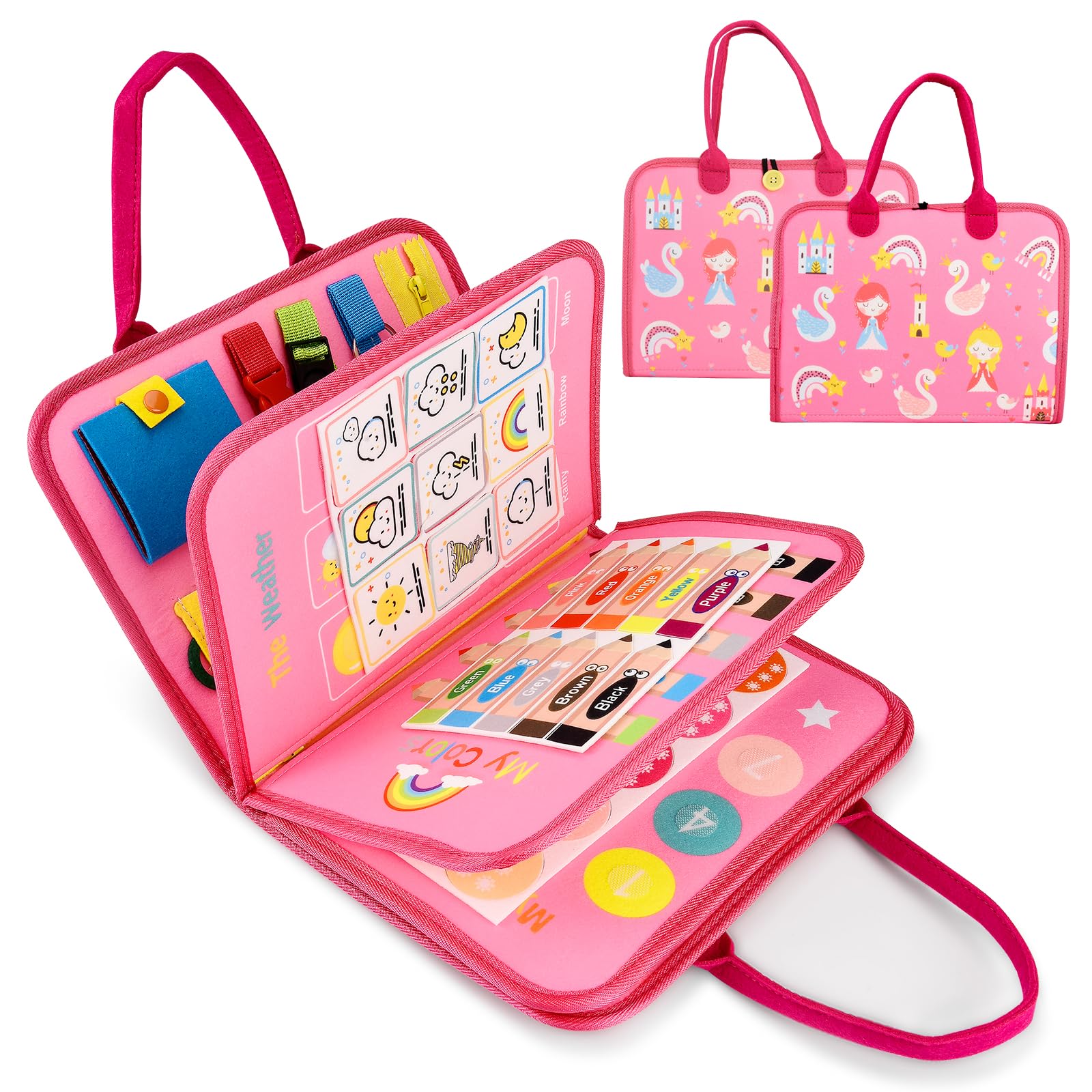 Montessori Toys for 1 Year Old,Busy Board for Toddlers,5 Layers Activity Board Busy Board,Montessori Toy Gifts,Portable Travel Toys for Girls Mermaids Gifts Pink,Sensory Activities Educational Toys