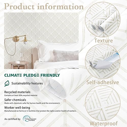 Vista 34 de Heroad Papel tapiz hexagonal para despegar y pegar, papel de contacto bohemio, geométrico, papel tapiz de lunares blancos y beige, papel de pared