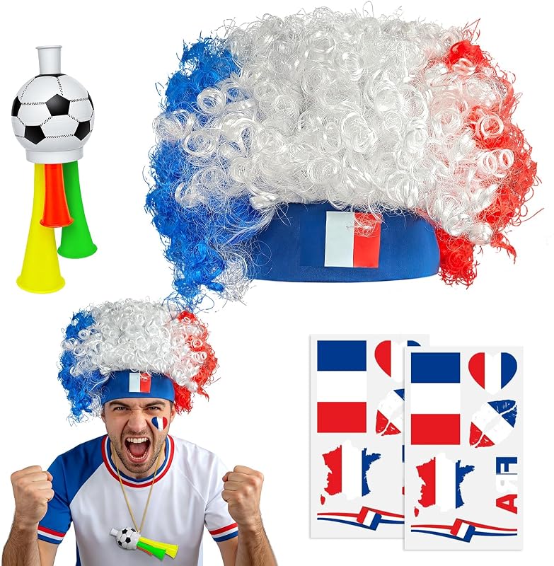 2026 Soccer Fan Gear Set – France Flag Clown Wig, Temporary Tattoos & Loud Horn – Cheer Accessories for International Football Matches, Stadium Parties & Global Tournament Celebrations