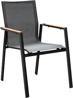 METRO Professional Silla de Jardín con Reposabrazos en Madera, Aluminio/Tejido Sintético, Apilable, para Exterior, Negro