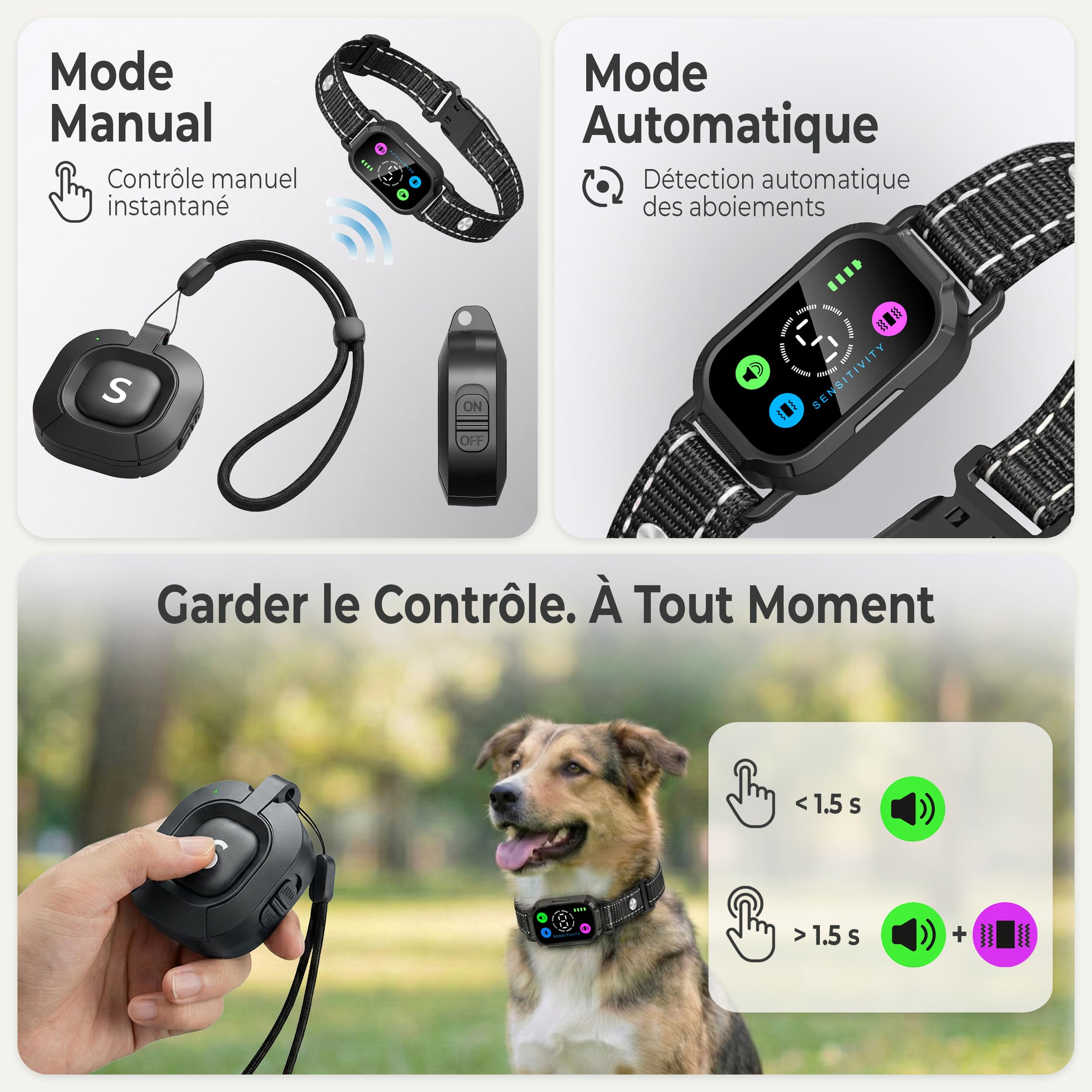 2-en-1 Collier Anti Aboiement Chien et Collier de Dressage pour Chien avec Télécommande – Automatique et Manuel – sans Choc Électrique – Sons, Vibrations Intelligentes – Étanche IP67