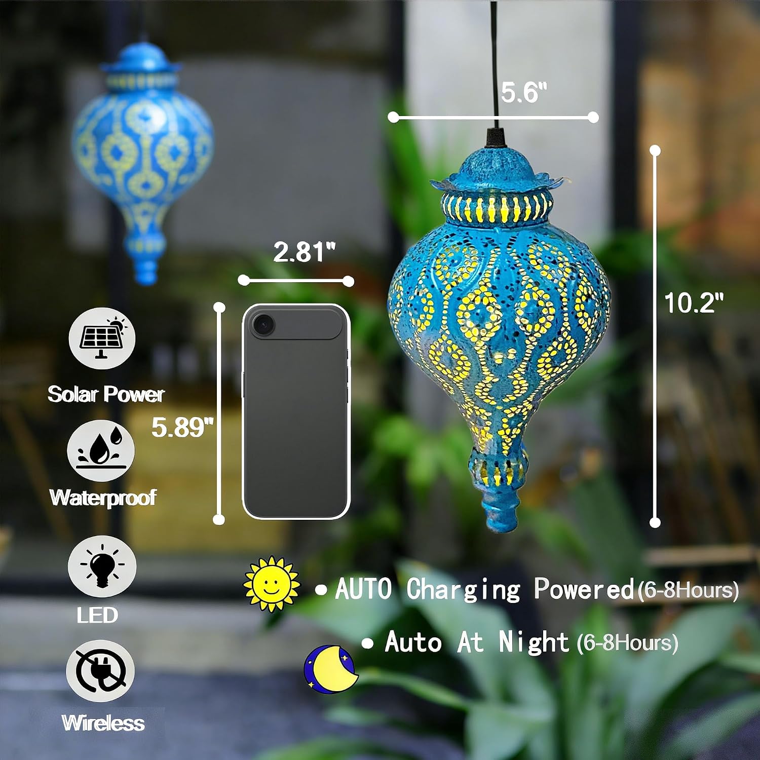 Moroccan Solar Lanterns Outdoor Waterproof Blue Hanging Lanterns Outdoor Ramadan Garden Decor Gardening Gifts for Women Mom Grandma Solar Lights for Patio, Pathway, Yard, Porch, Backyard.