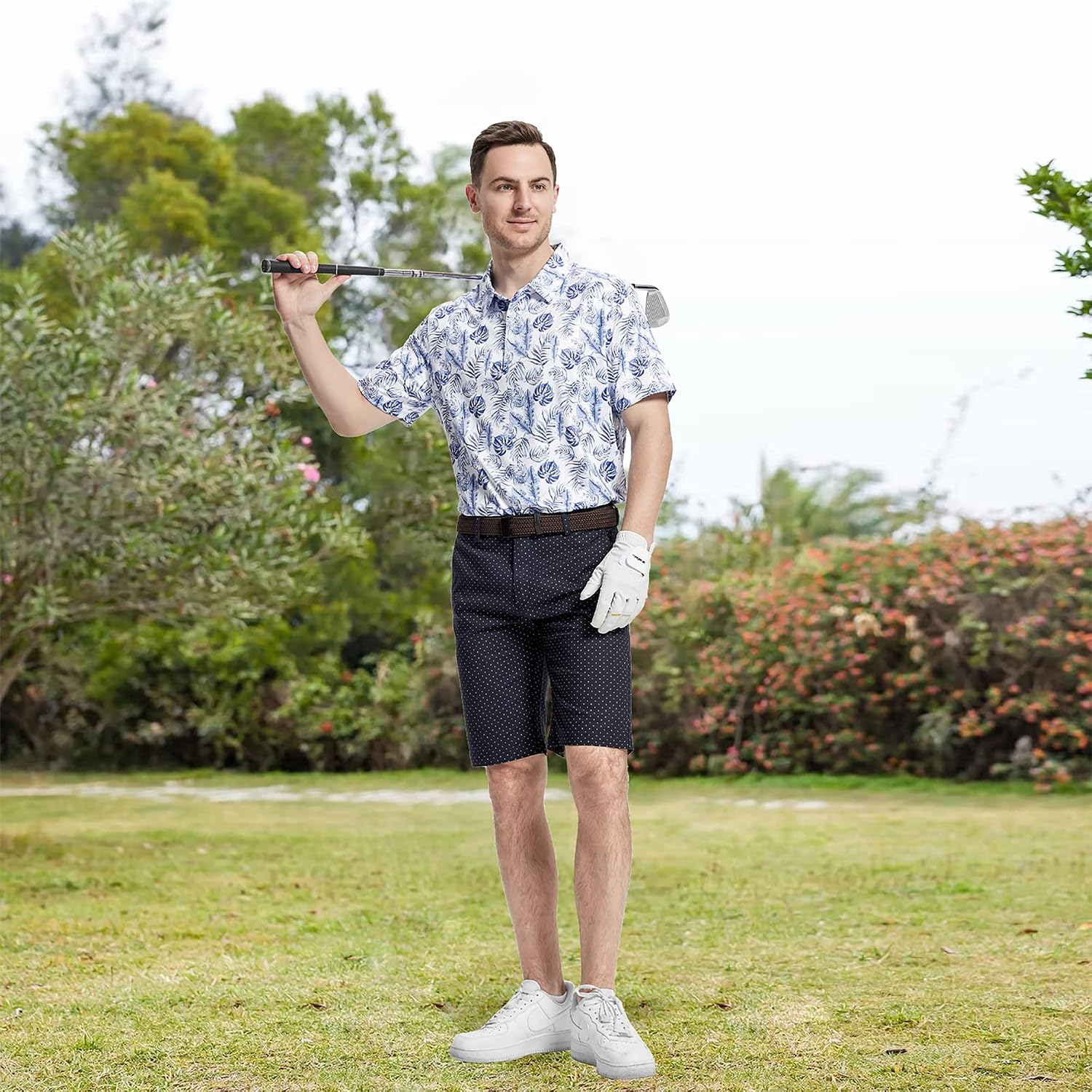 Mens Golf Shirt Moisture Wicking Dry Fit Print Performance Short Sleeve Polo Shirts for Men