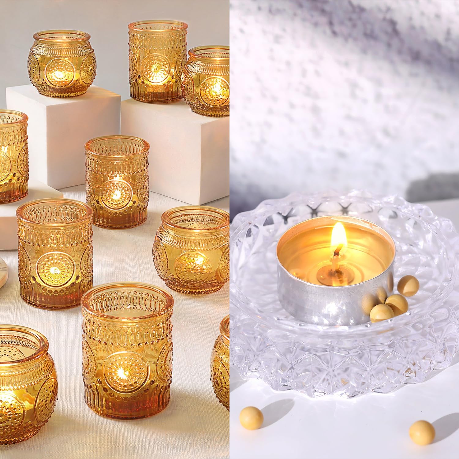 36 Pcs Amber Candle Holders Bulk & Soy Tealight Candles | 50 Pack | 6 Hours