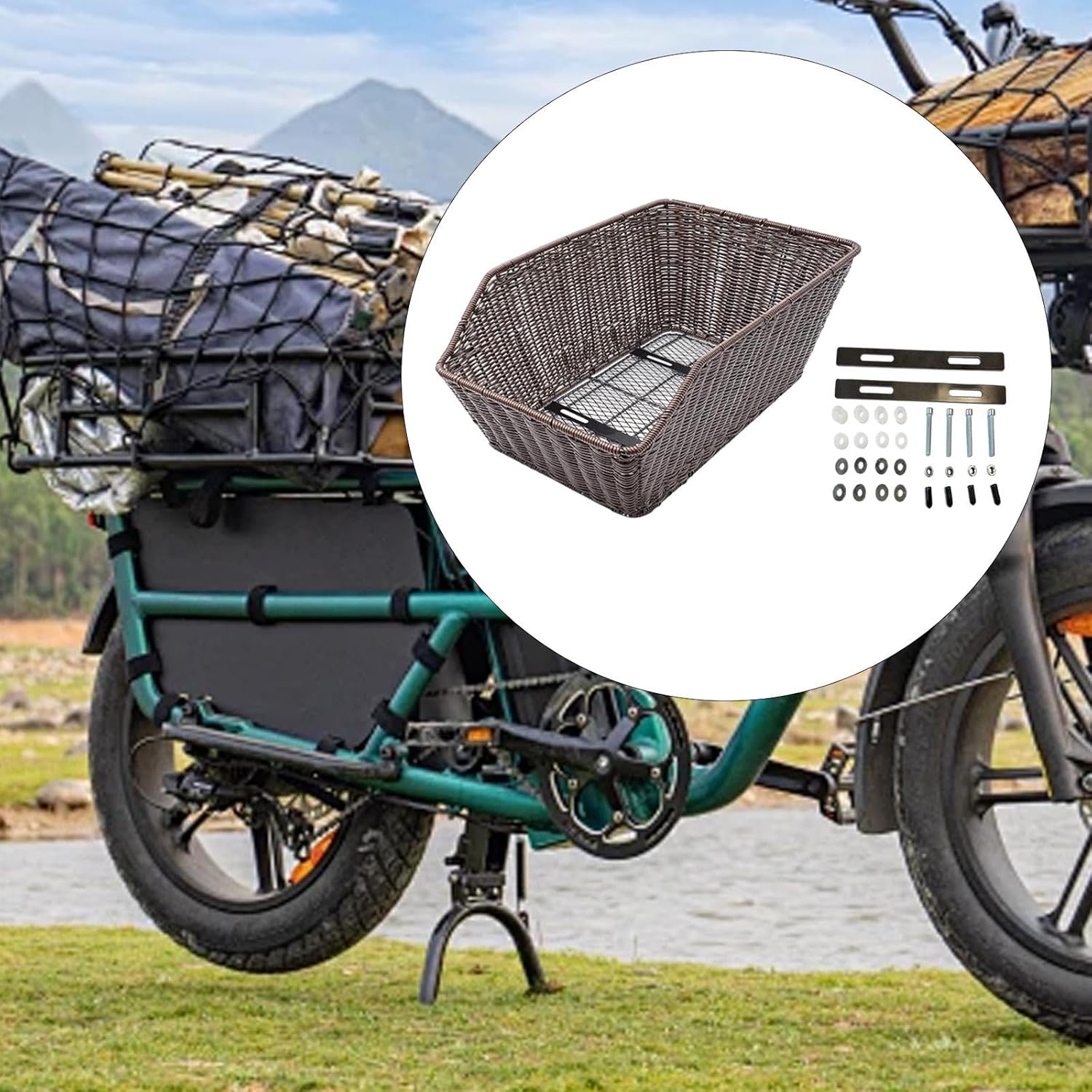 リアバスケット 鉄製 PPラタン仕上げ 大型収納スペース 簡単設置 荷物整理 小動物運搬 多目的利用 サイクリング レジャーに適用4