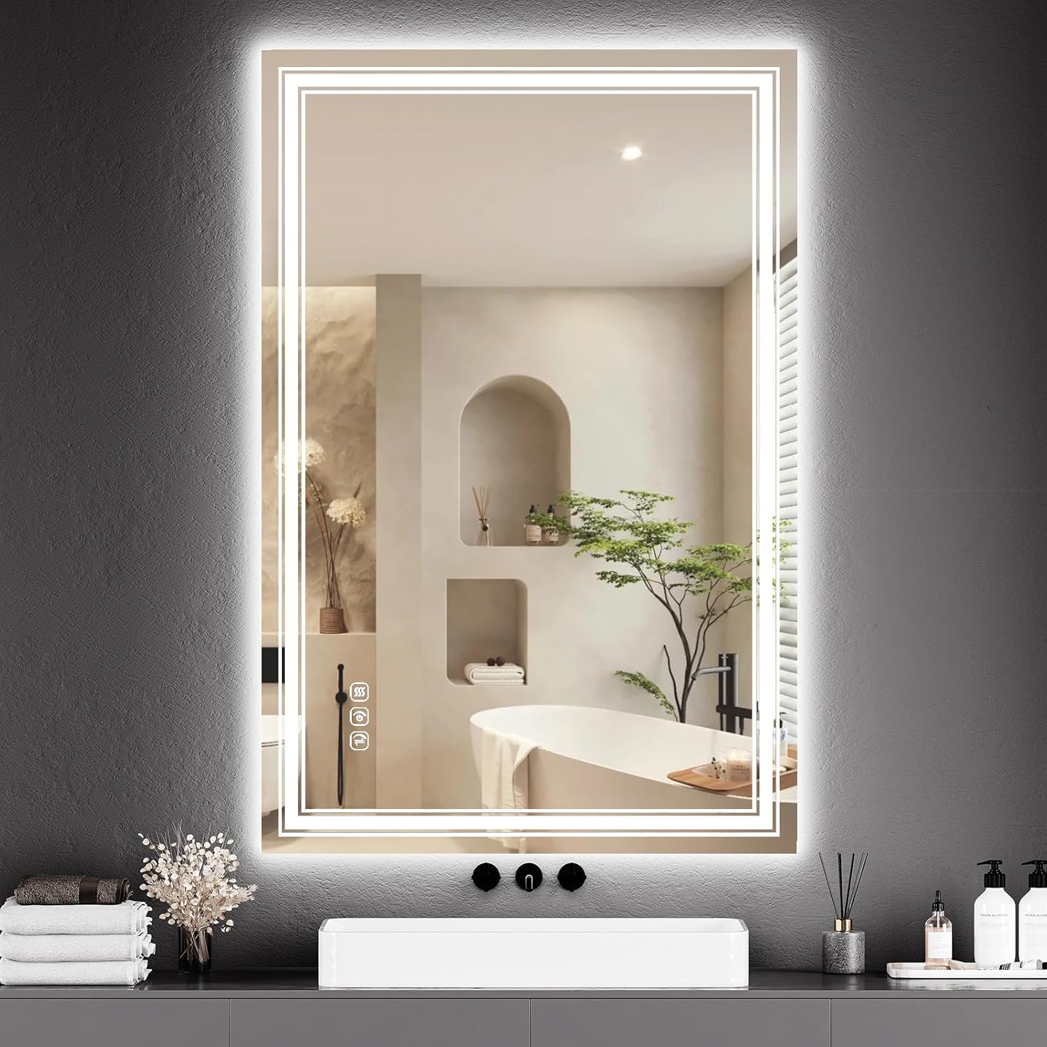 48x32 LED Bathroom Mirror with Lights,Anti-Fog,Dimmable,Backlit + Front Lit,Bathroom Vanity Mirror with Lights, Memory,Double LED Vanity,3 Colors,Lighted Mirror,Stepless Dimming