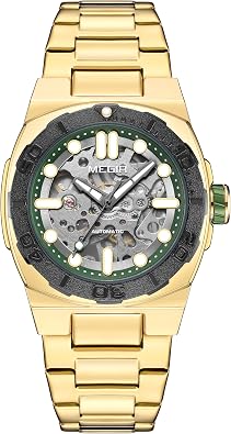 MEGIR Mens Automatic Watch with Mechanical Movement & Exhibition Back, 40mm Alloy Case, Mineral Crystal, Stainless Steel Butterfly Clasp Band, Luminous Hands, 3ATM Water Resistant,Stylish Gift