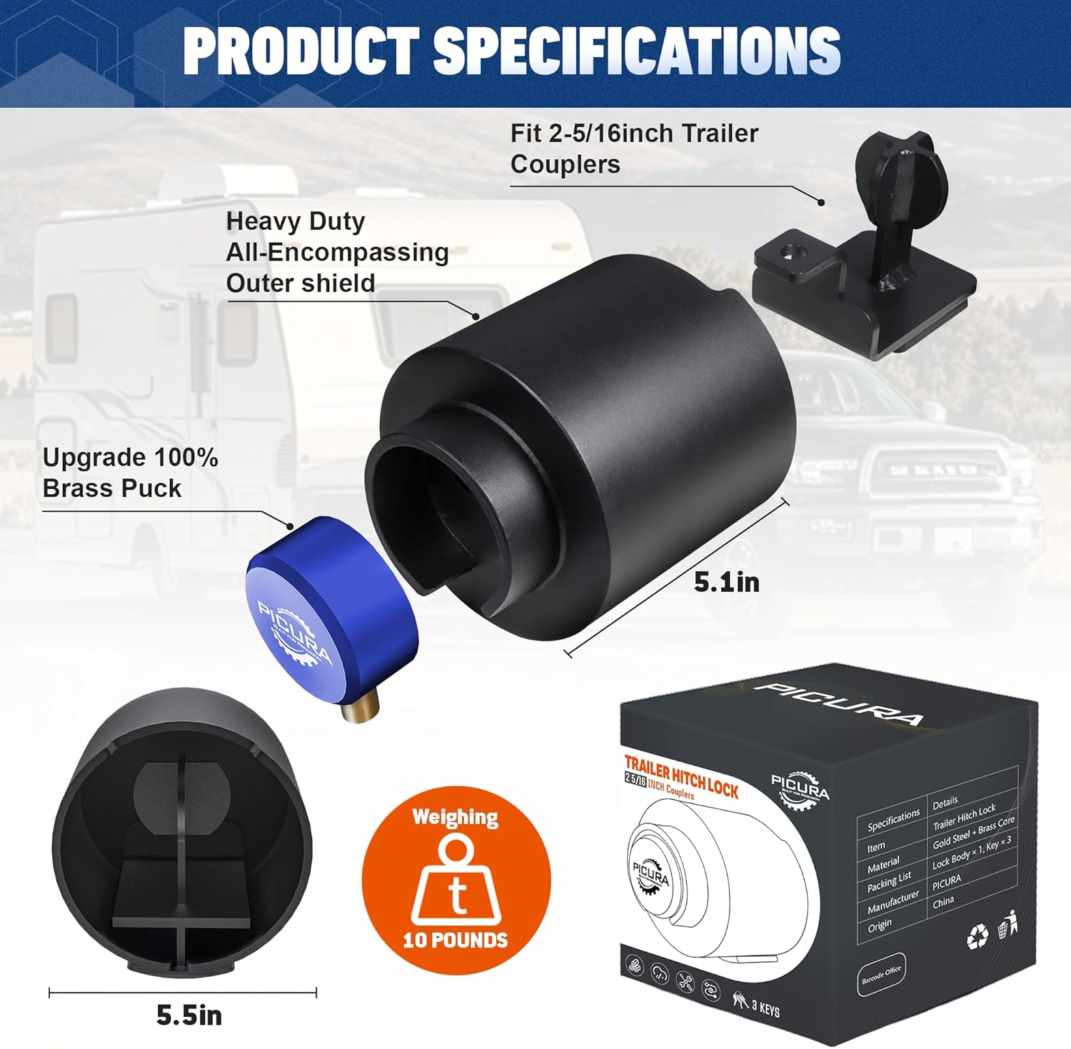 2026 Upgraded Trailer Hitch Locks Fits 2 5/16 Inch Coupler, Heavy Duty Trailer Lock, Anti-Theft Trailer Coupler Lock for RV, Trailer, Boat, Pickup(Blue)