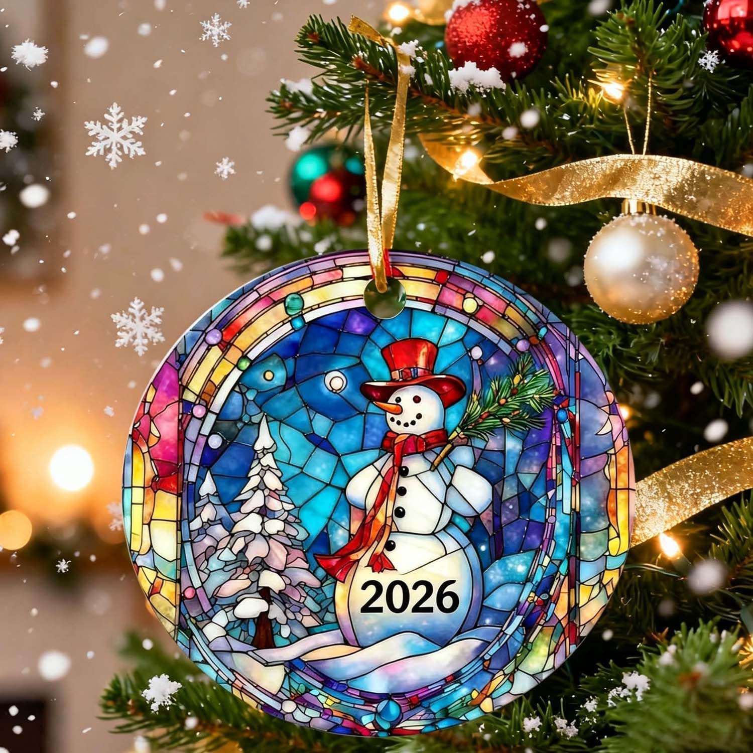 Christmas Ornaments 2026, Snowman Christmas Ornaments, Exchange for Women, Men, Collectible Dated Year Ornaments for Tree, Unique Suncatcher, Printed Stained Ceramic Effect Decor image 2