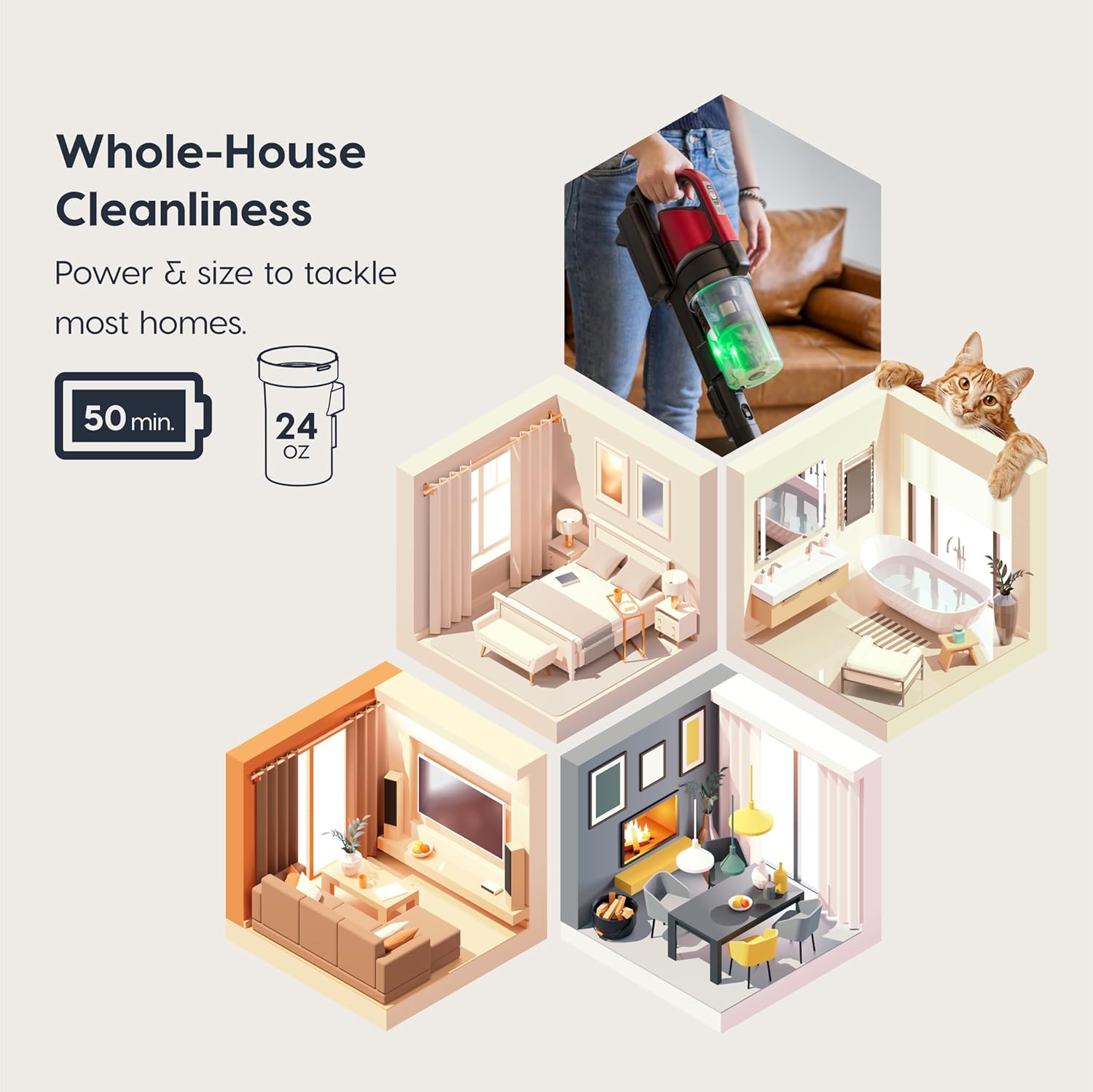 IRIS USA Cordless Stick Vacuum Cleaner, Lightweight & Rechargeable, 230W Suction, 50-Min Runtime, LED Dust Sensor, Fast Charging, Non-Slip Lean Support, for Carpet, Tile, Hard Floors – Black