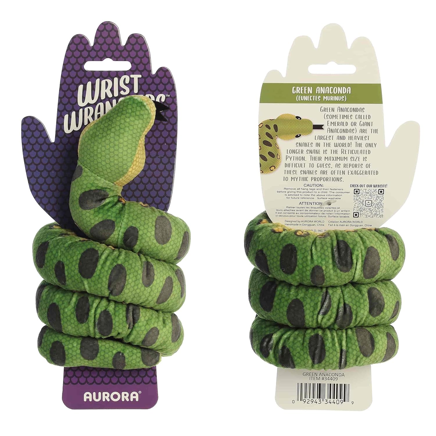 Aurora® Playful Wrist Wranglers™ Green Anaconda Stuffed Animal - Vibrant Colors for an Eye-Catching Design - Perfect for Kids and Costumes - 8 Inches