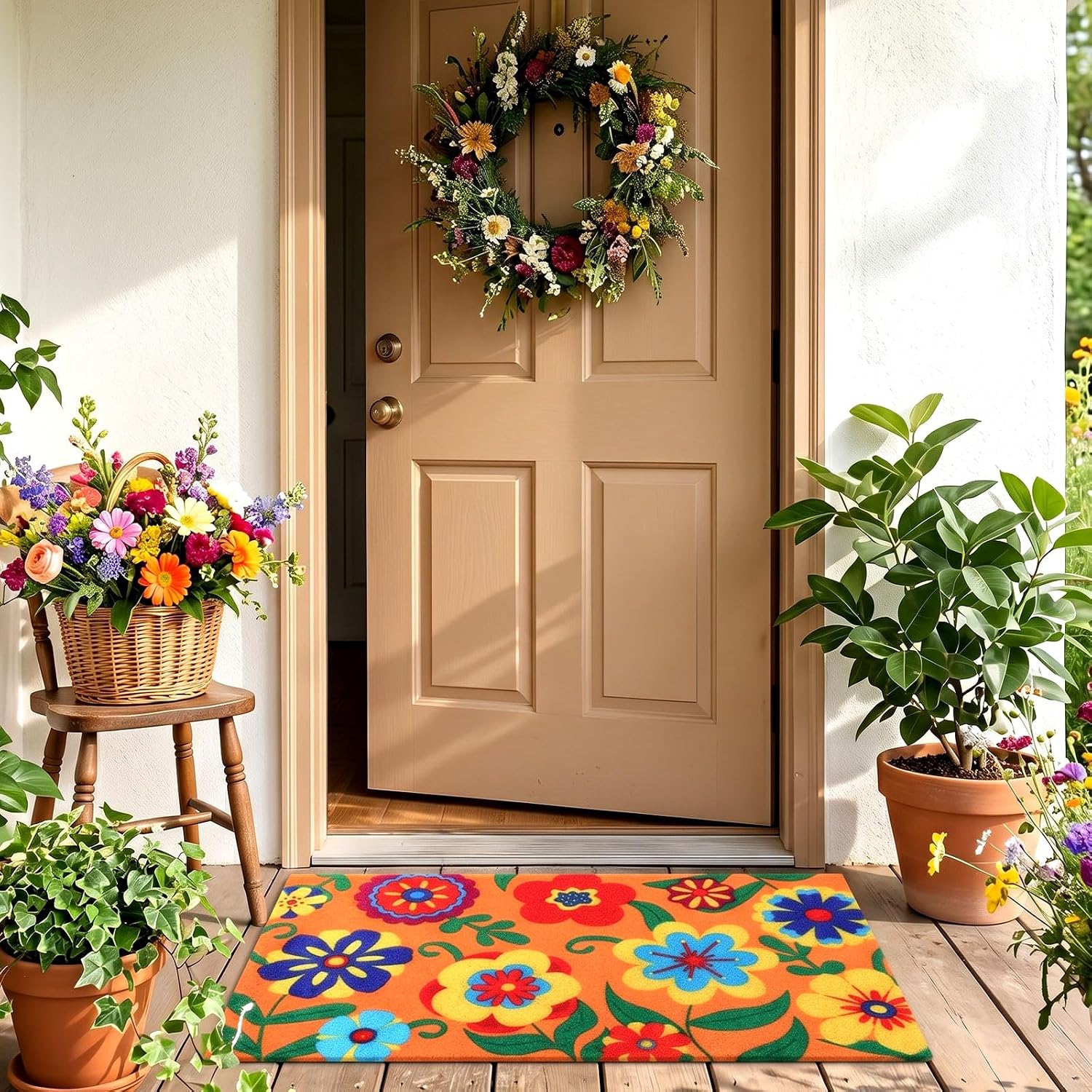 Floral Coir Door Mat Colorful Flower Welcome Mat Wildflower Doormat with PVC Backing Non Slip Floral Print Entrance Outdoor Rugs for Front Door Patio Porch Spring Summer Home Decor 17 x 30 Inch