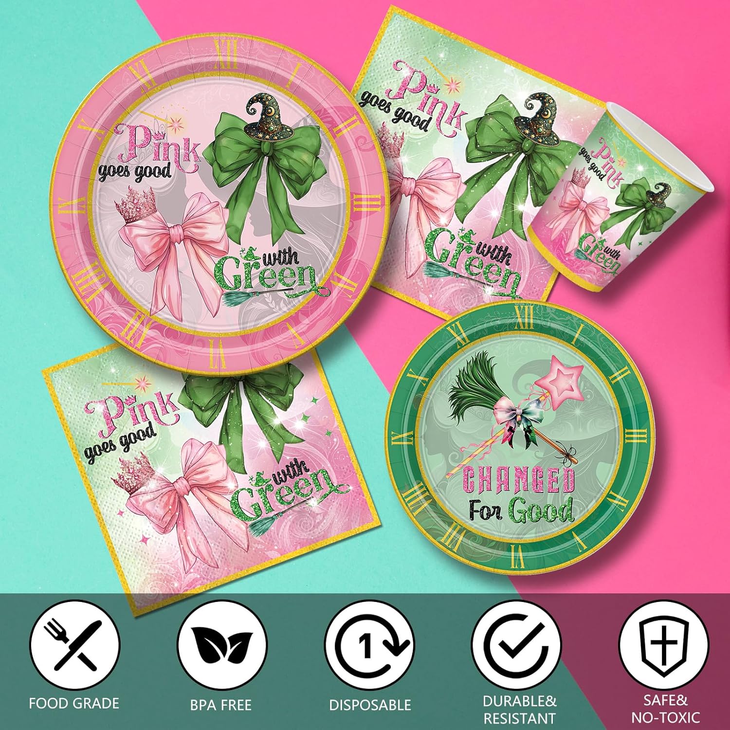 168Pcs Witch Party Supplies Pink Green Paper Plates Napkins Disposable Tableware for Birthday Party Decorations Serve 24 Guests - Image 3