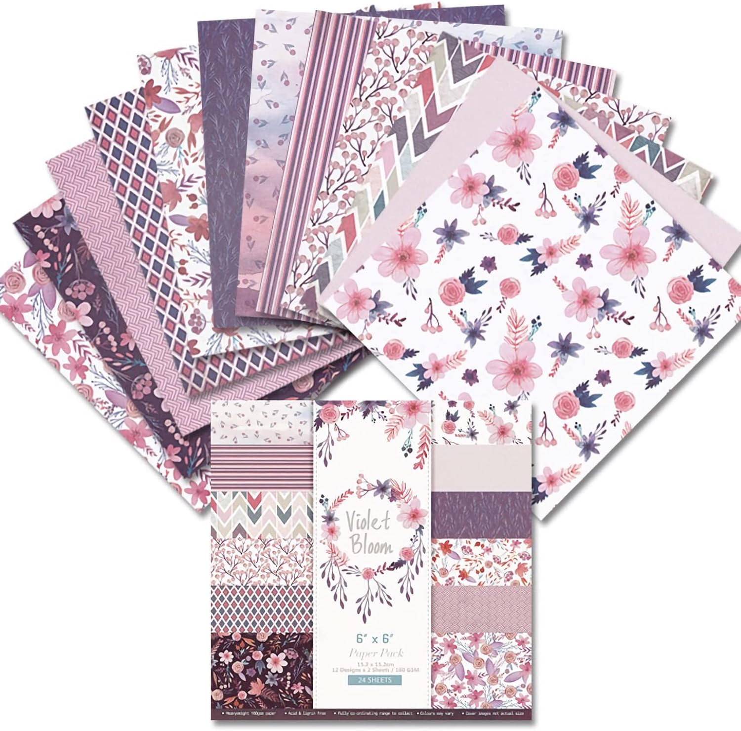 24 Sheets Violet Bloom Floral Pattern 6x6 Scrapbook Paper for Junk Journal & Paper Craft & Card Making