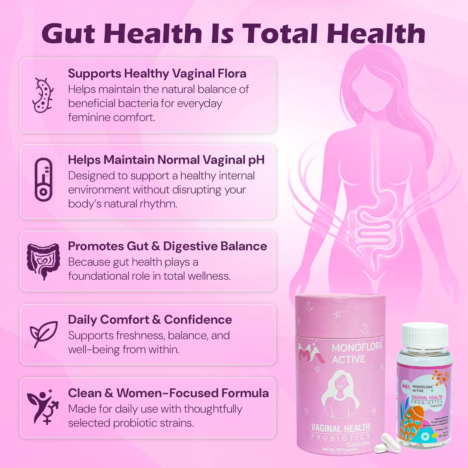 Probiotics for Women 5 Billion CFU Vaginal Probiotic Capsules with Lactobacillus & Prebiotics Supports Vaginal pH Balance, Healthy Flora, Odor Control, Digestive Urinary Tract Health