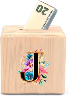 Wooden Piggy Bank Money Bank Coin Bank, Personalized Cute Cool Novelty Mini Practical Trendy Tiny Artsy Western Country Gifts (Letter J)