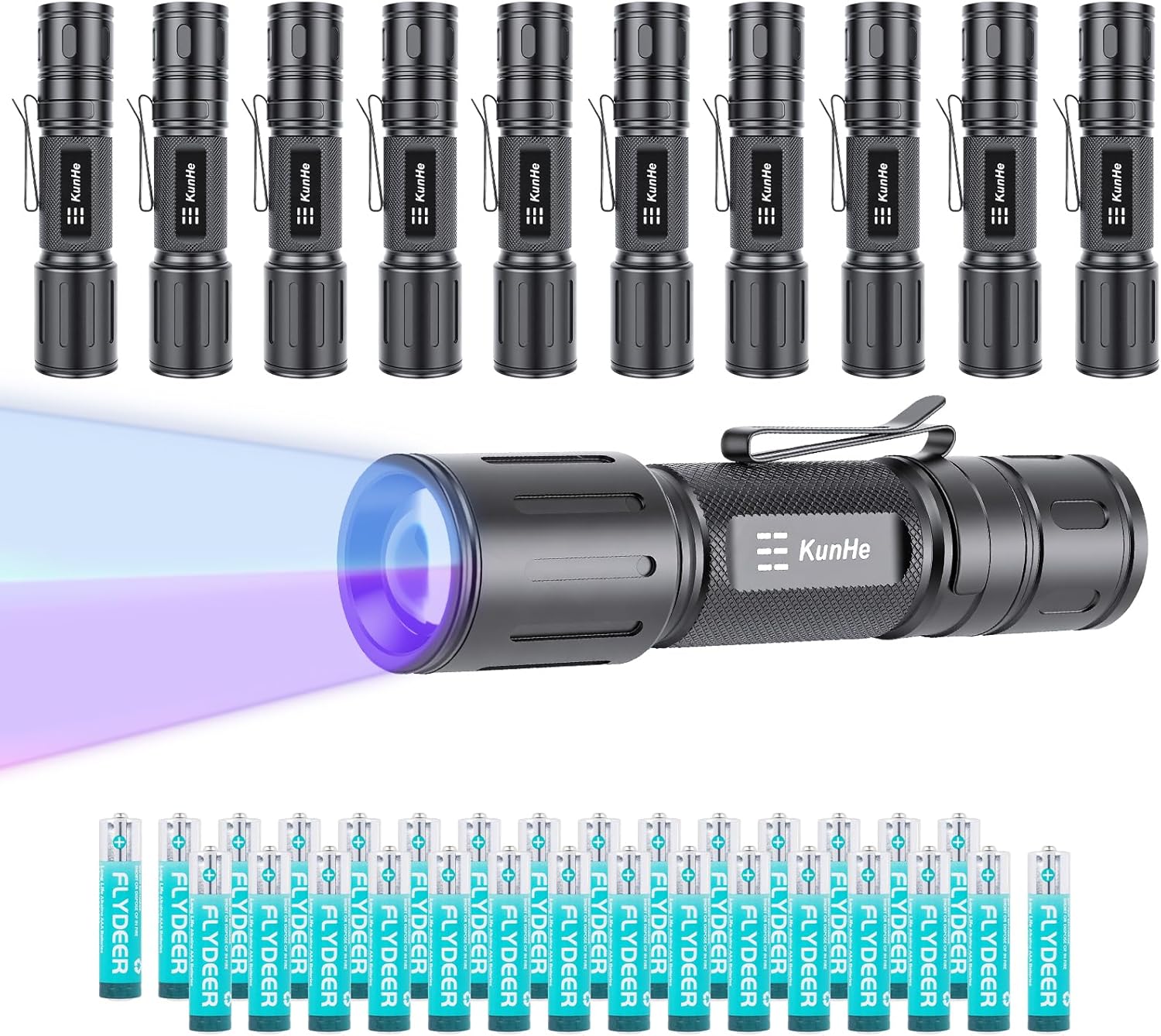 KunHe 10 Pack UV Dual Wavelength Flashlights Bulk with 395nm 365nm 2 Mode Operation Blacklight Flashlights for Rocks and Minerals