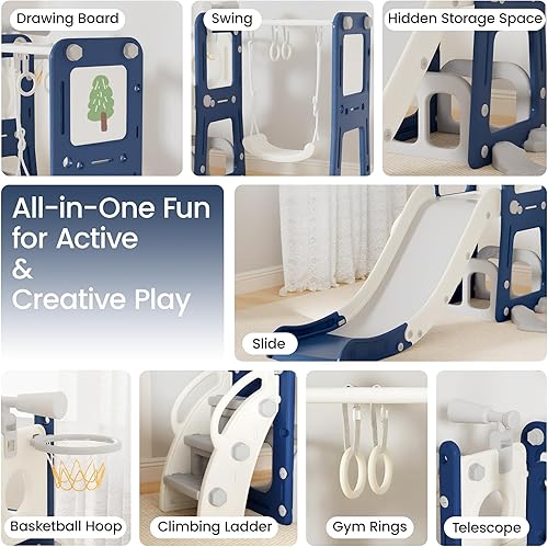 Miniatura 2 de Juego de tobogán y columpio para niños pequeños 9 en 1 con aro de baloncesto, tablero de dibujo, anillos y telescopio, juego de interiores y