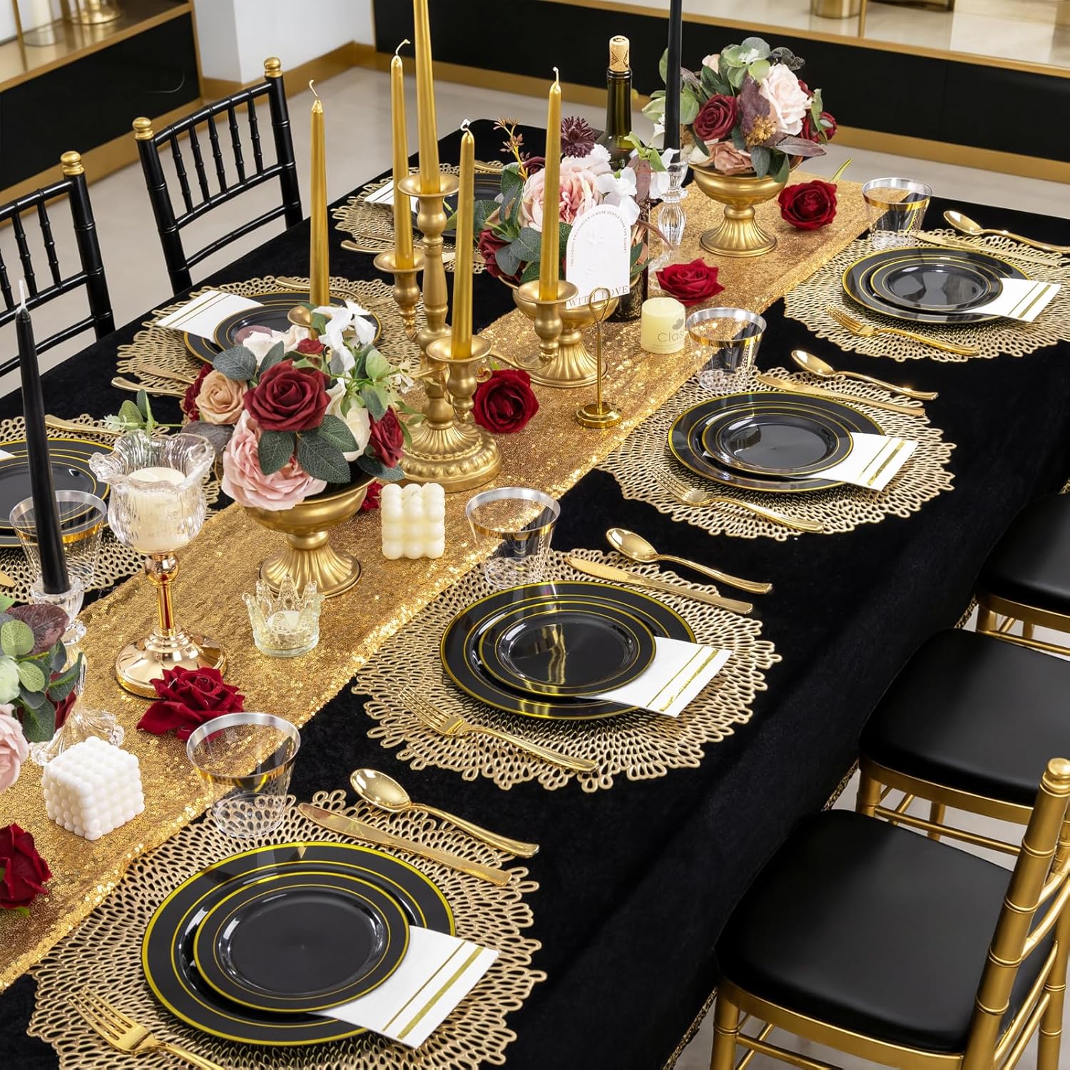 GATHER 350PCS Black Plastic Plates - Black and Gold Disposable Dinnerware Set Include 100 Plates, 150 Gold Silverware, 50 Napkins, 50 Cups for Party & Wedding & Birthday