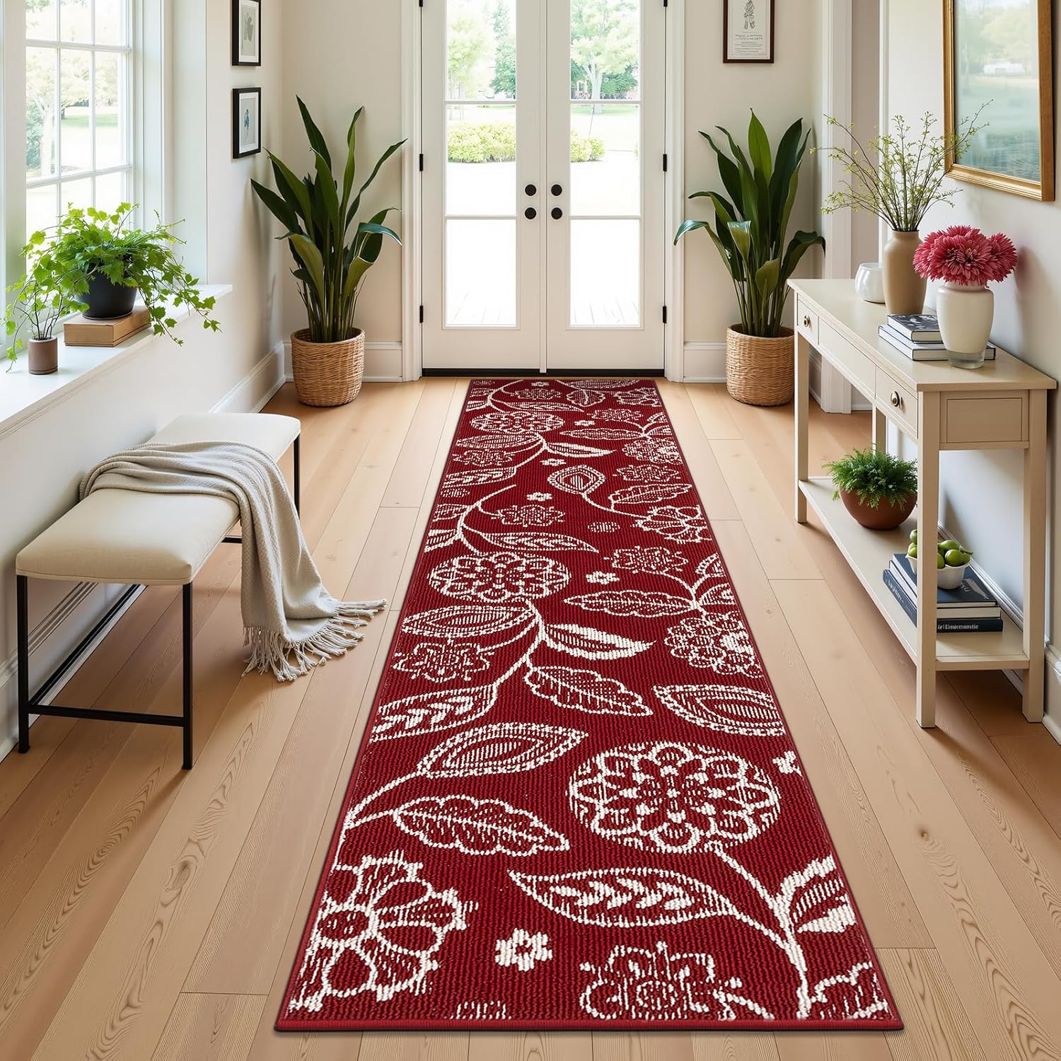 2x10 Washable Christmas Runner Rug with Non Slip Backing, Absorbent & Dirt-Trapping, Red and White High-Low Textured Floral Hallway Carpet for Kitchens, Laundry Rooms, Bathrooms, Entryways