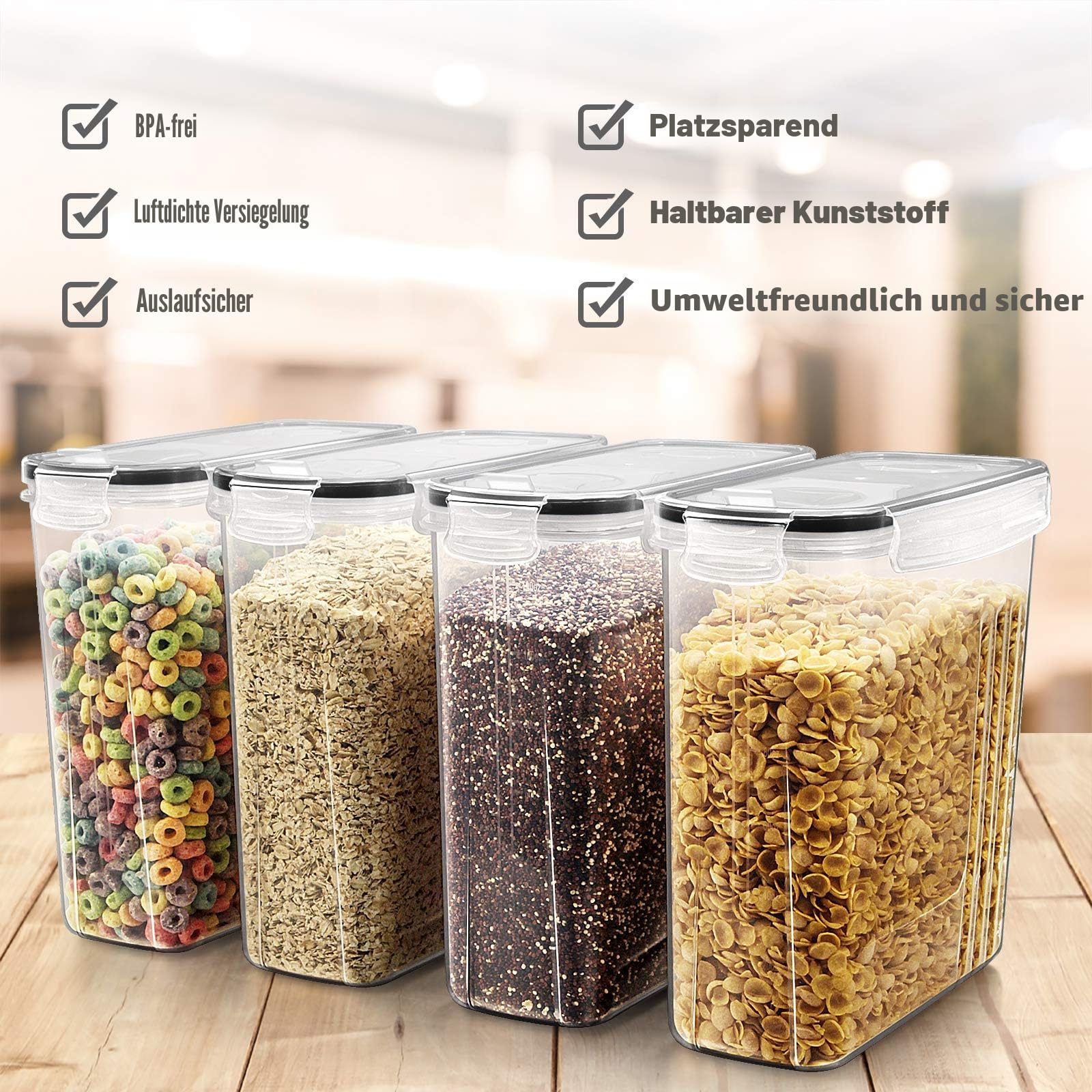 Wildone Müsli-Behälter-Set aus Kunststoff, 6 große (16,9 Tassen, 384 ml), luftdichte Frischhaltedosen – auslaufsicher, BPA-freier Müsli-Spender | Mehl, trockene Lebensmittel mit schwarz Deckel