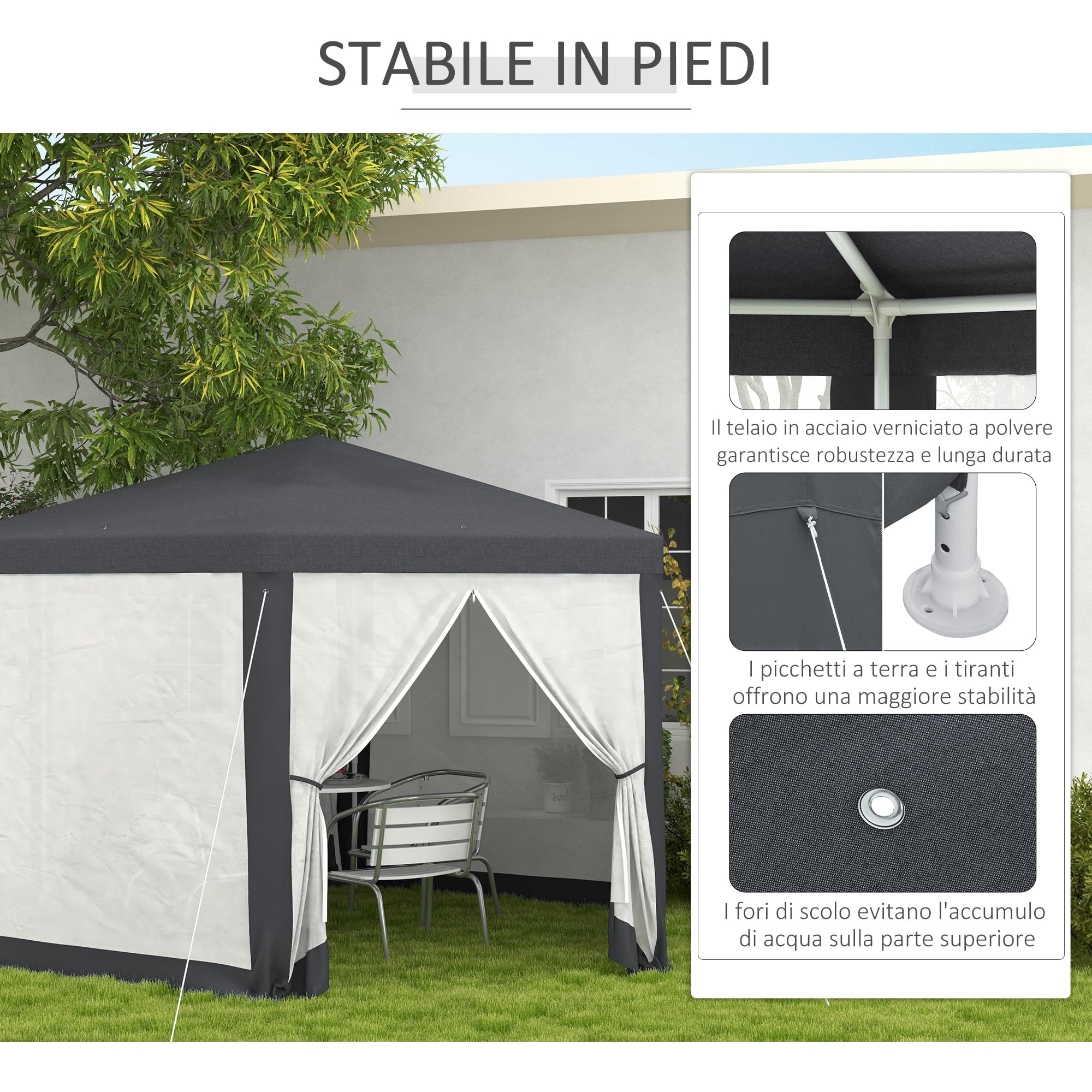 Outsunny Gazebo 4x4 m da Giardino Esagonale con Pareti in Rete, 2 Porte e Gambe Regolabili, Gazebo in Metallo e Poliestere con Picchetti e Funi, Grigio