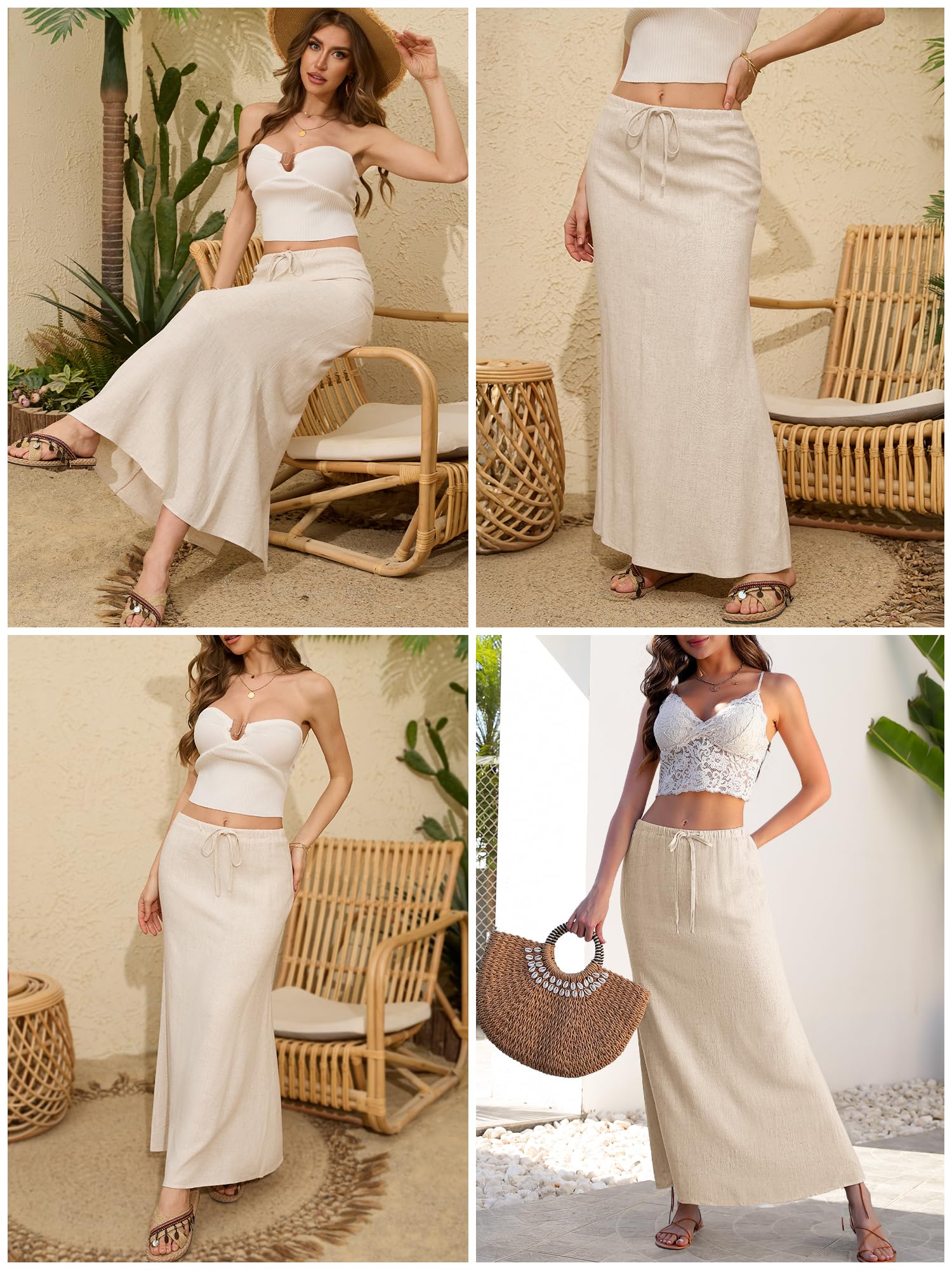 ELLEVEN Maxi gonna svasata in lino con spacco posteriore - Gonna lunga fluida alla caviglia con coulisse in vita elastica