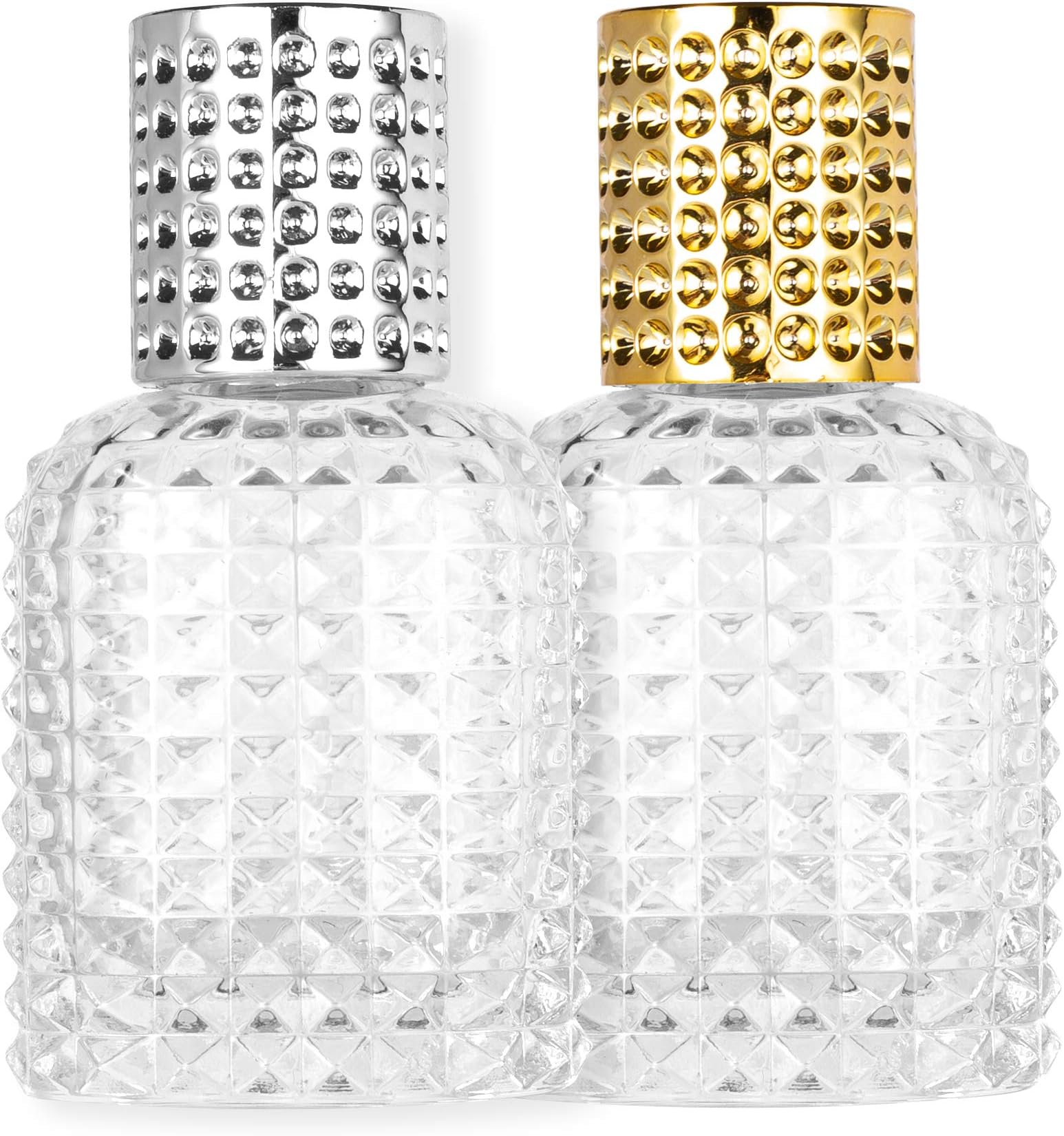 Atomizer 2 Pack 30m-1oz Thick Glass Spray Bottle,Refillable Clear Empty Atomizer Perfume Bottles?Large capacity Sample Bottles ?Gold + Silver ?