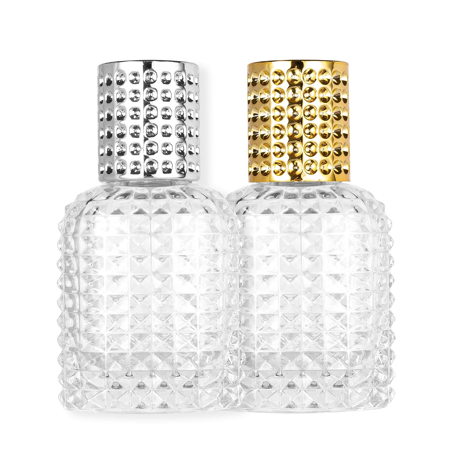 Atomizer 2 Pack 30m-1oz Thick Glass Spray Bottle,Refillable Clear Empty Atomizer Perfume Bottles?Large capacity Sample Bottles ?Gold + Silver ?