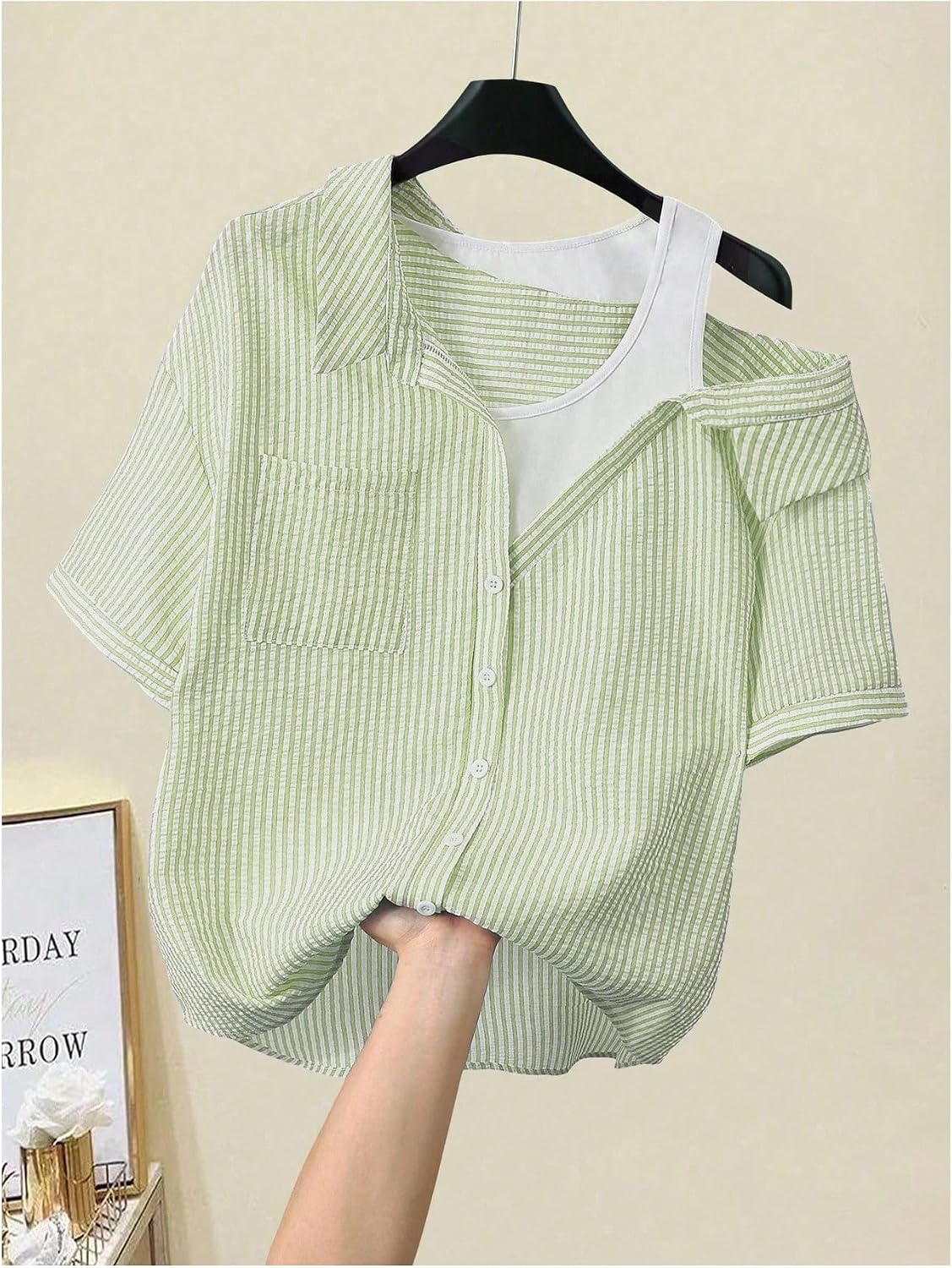 SOLY HUX Women's Striped Short Sleeve Button Down Shirt Casual Raglan Textured Blouse Tops Spring